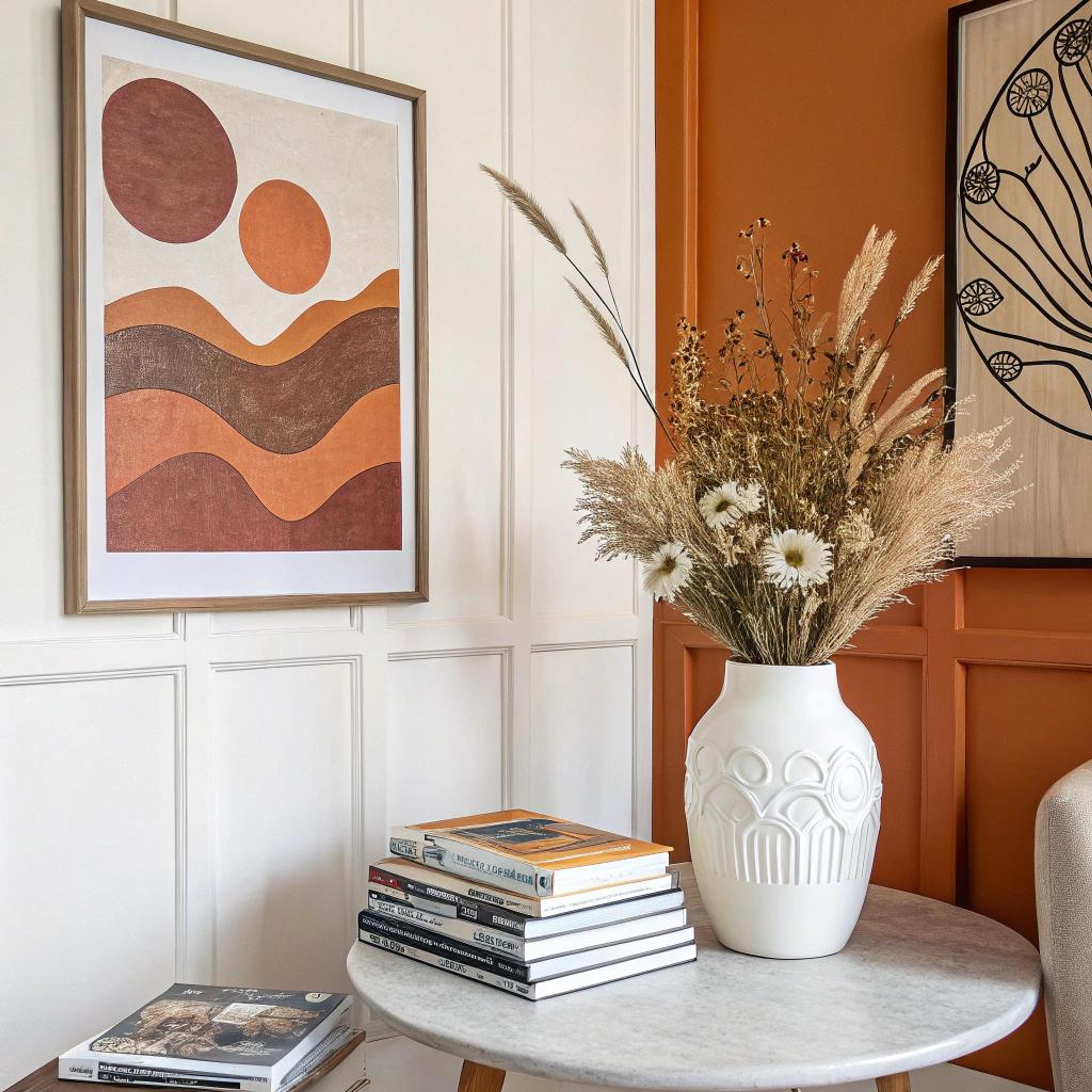 Boekstapels op terracotta wand