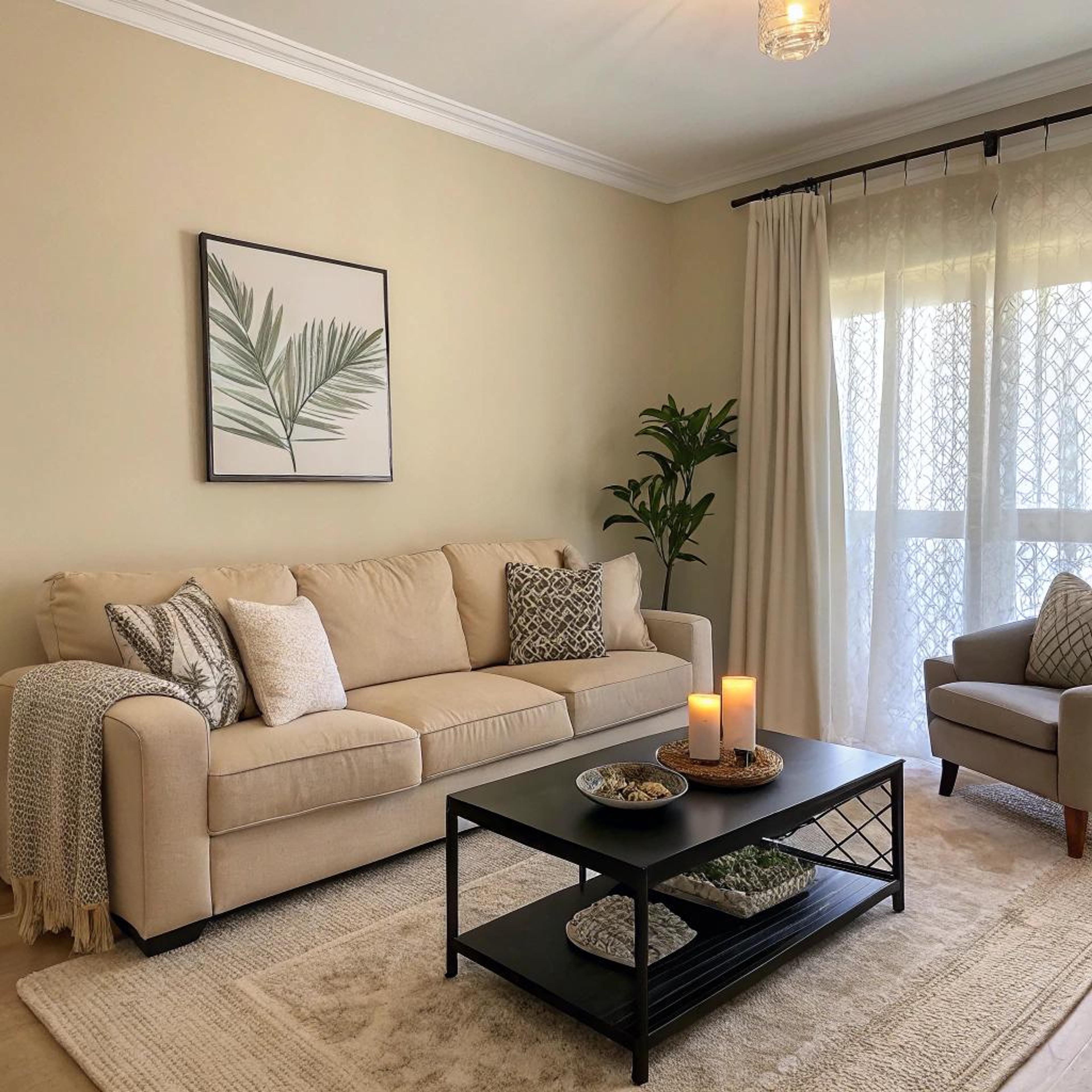 Zandbeige zithoek met accenten