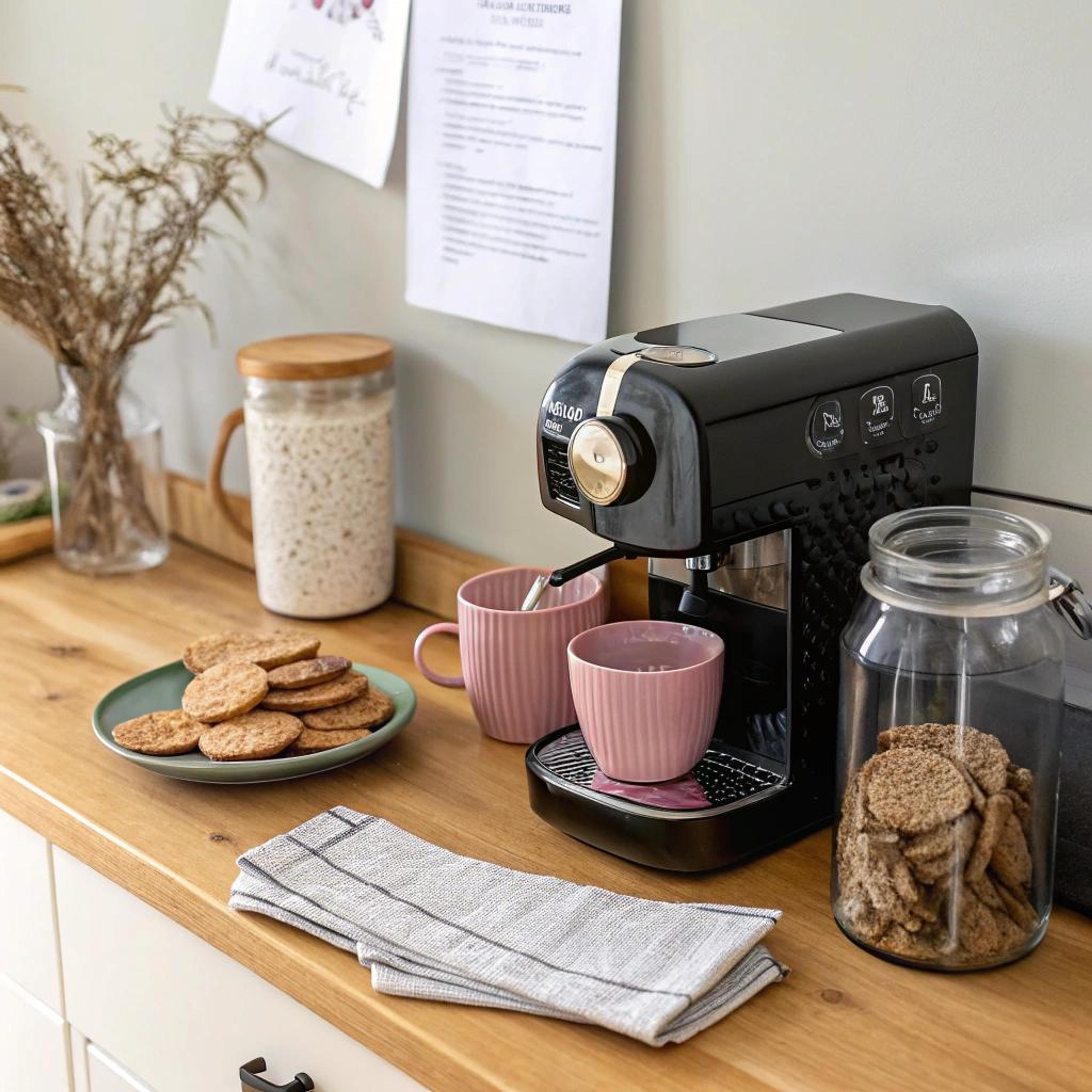 Zwart koffietoestel met pastelaccenten