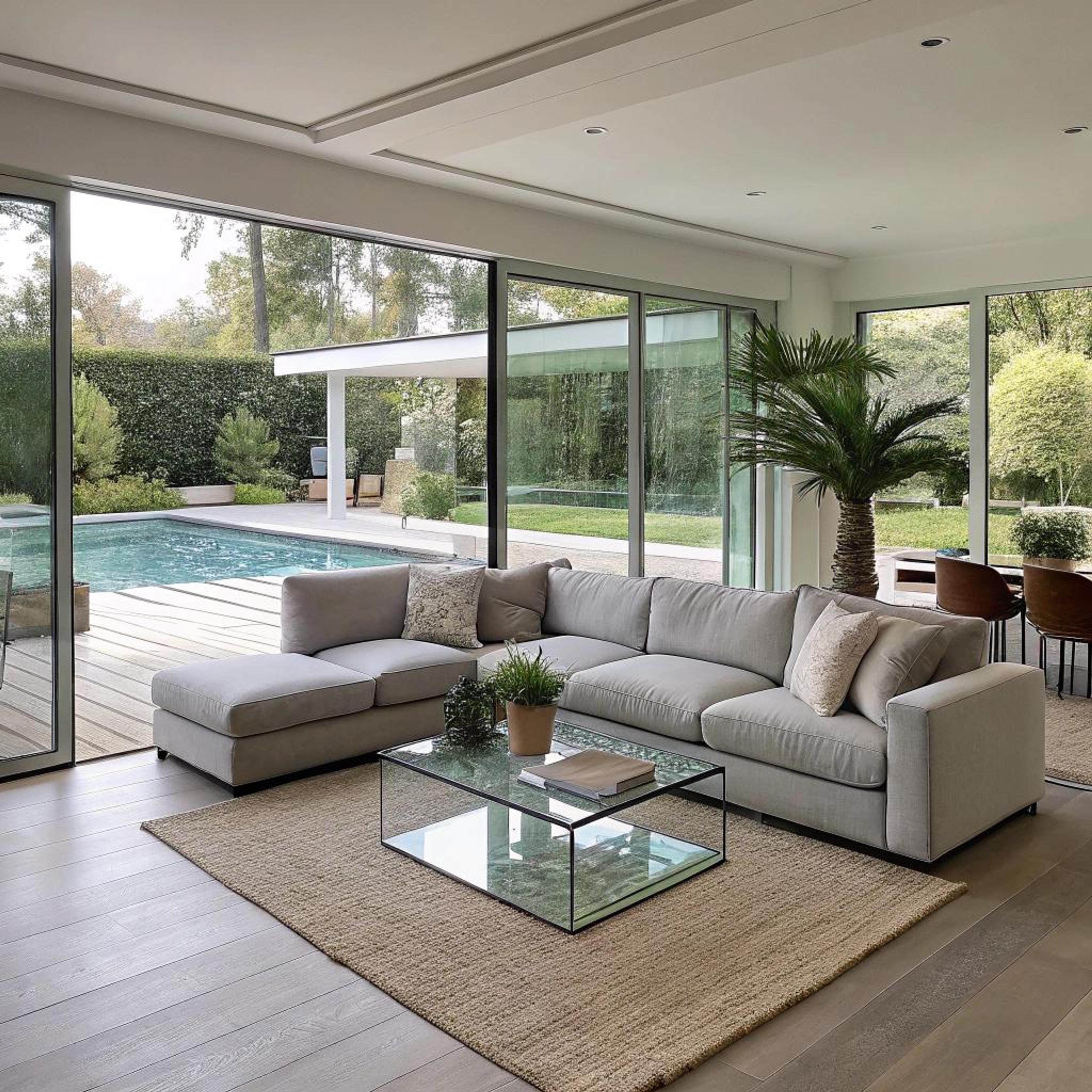 Lichtgrijze bank op beige kleed