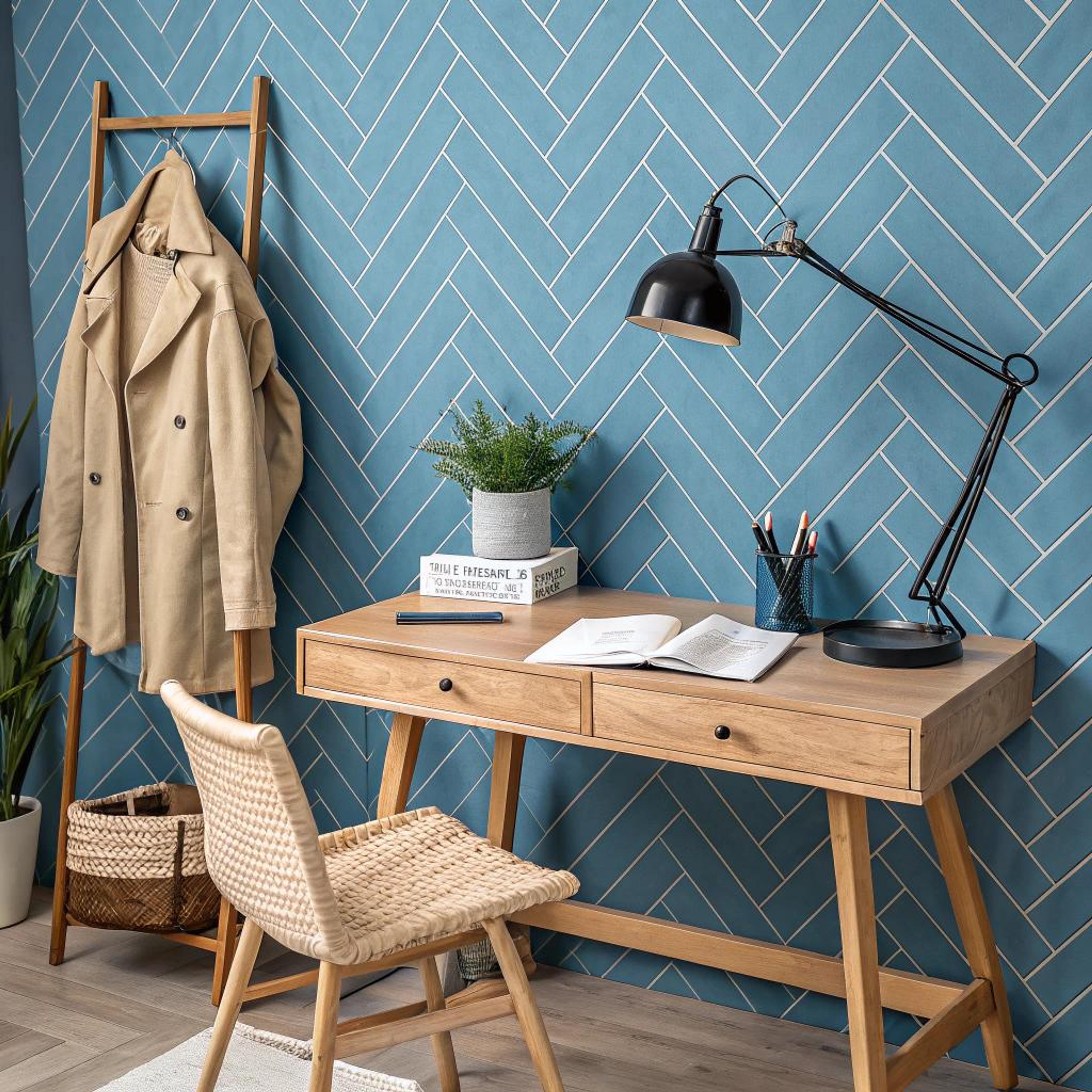 Levendig bureau met chevronmuur