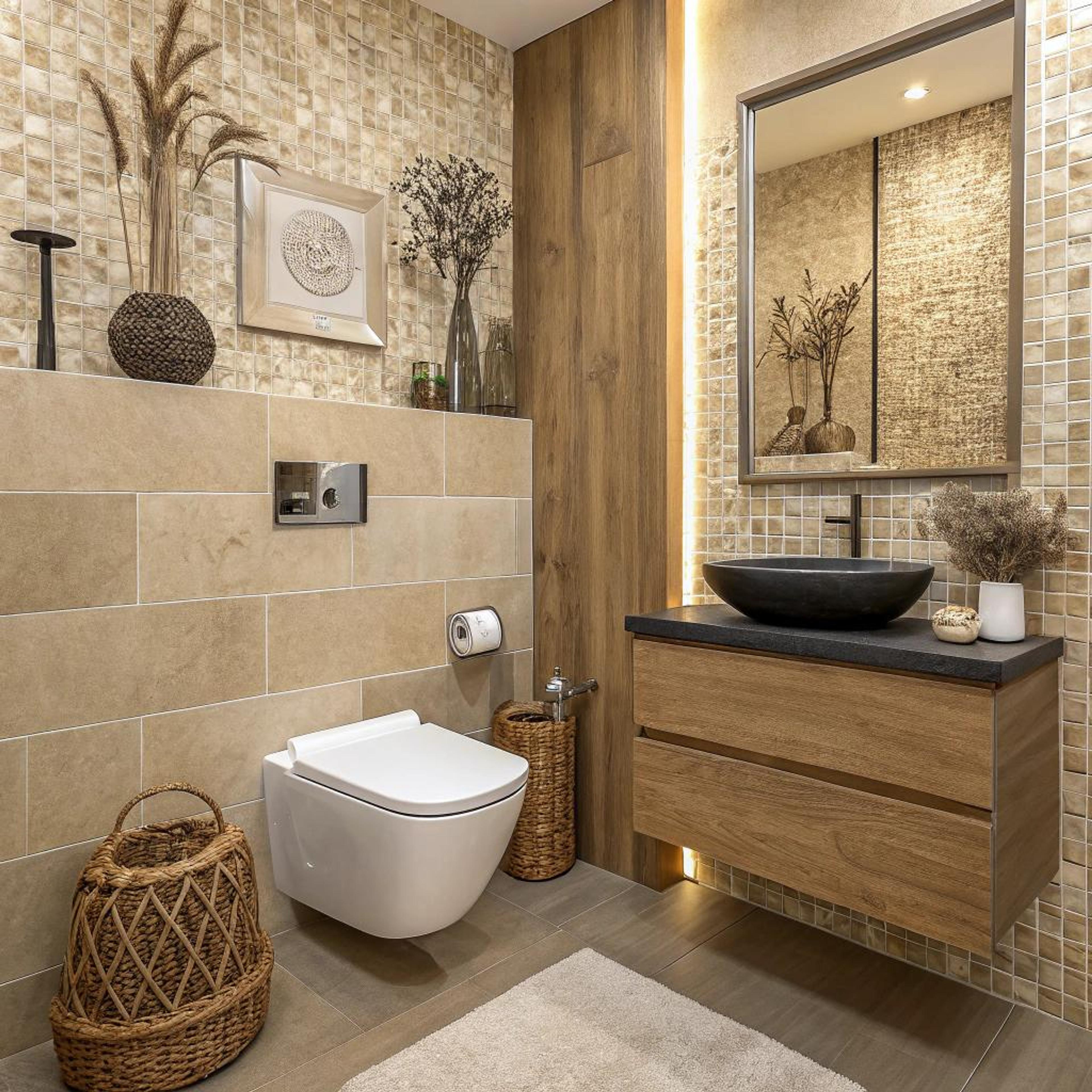Rustieke materialen en beige tegels