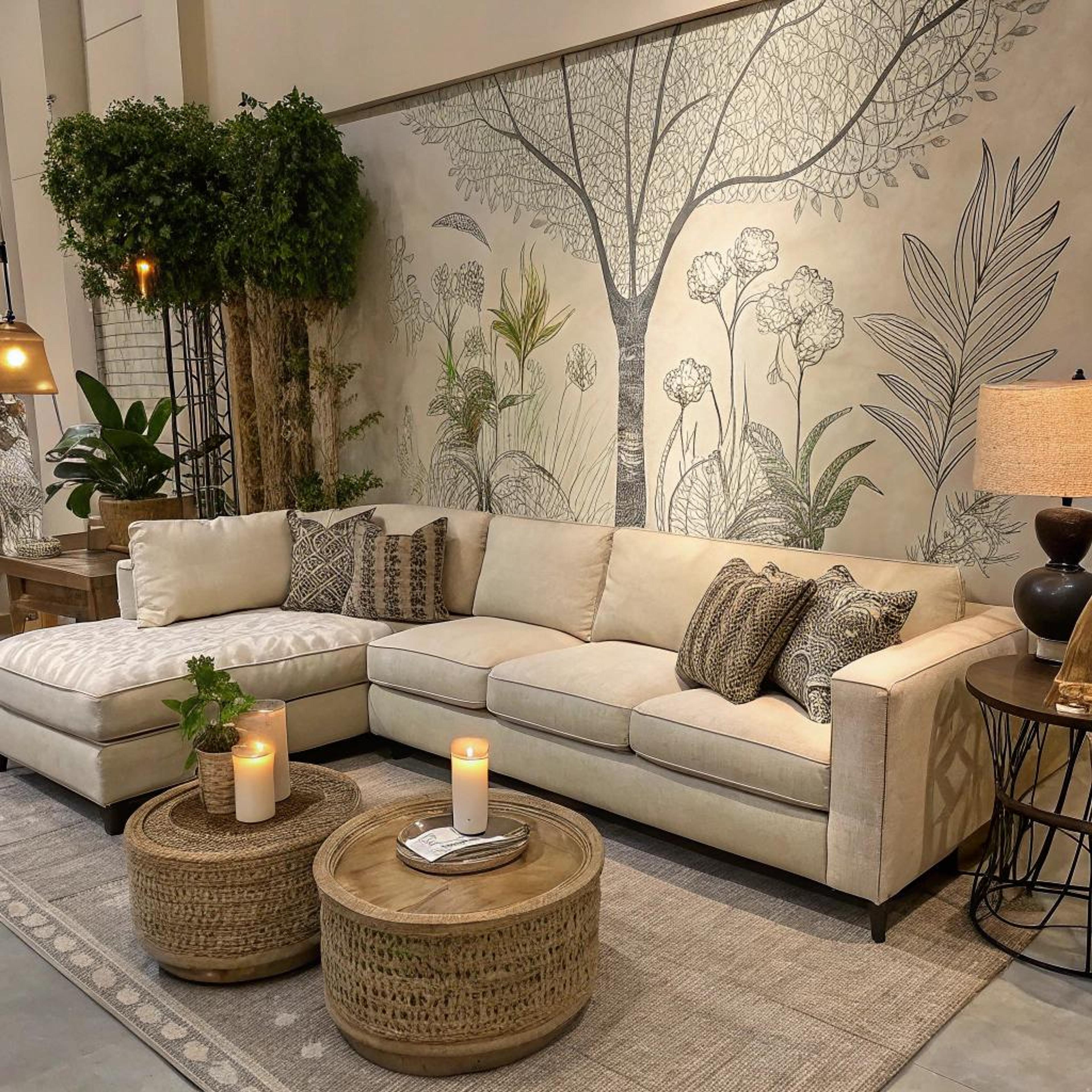 Botanisch behang achter hoekbank