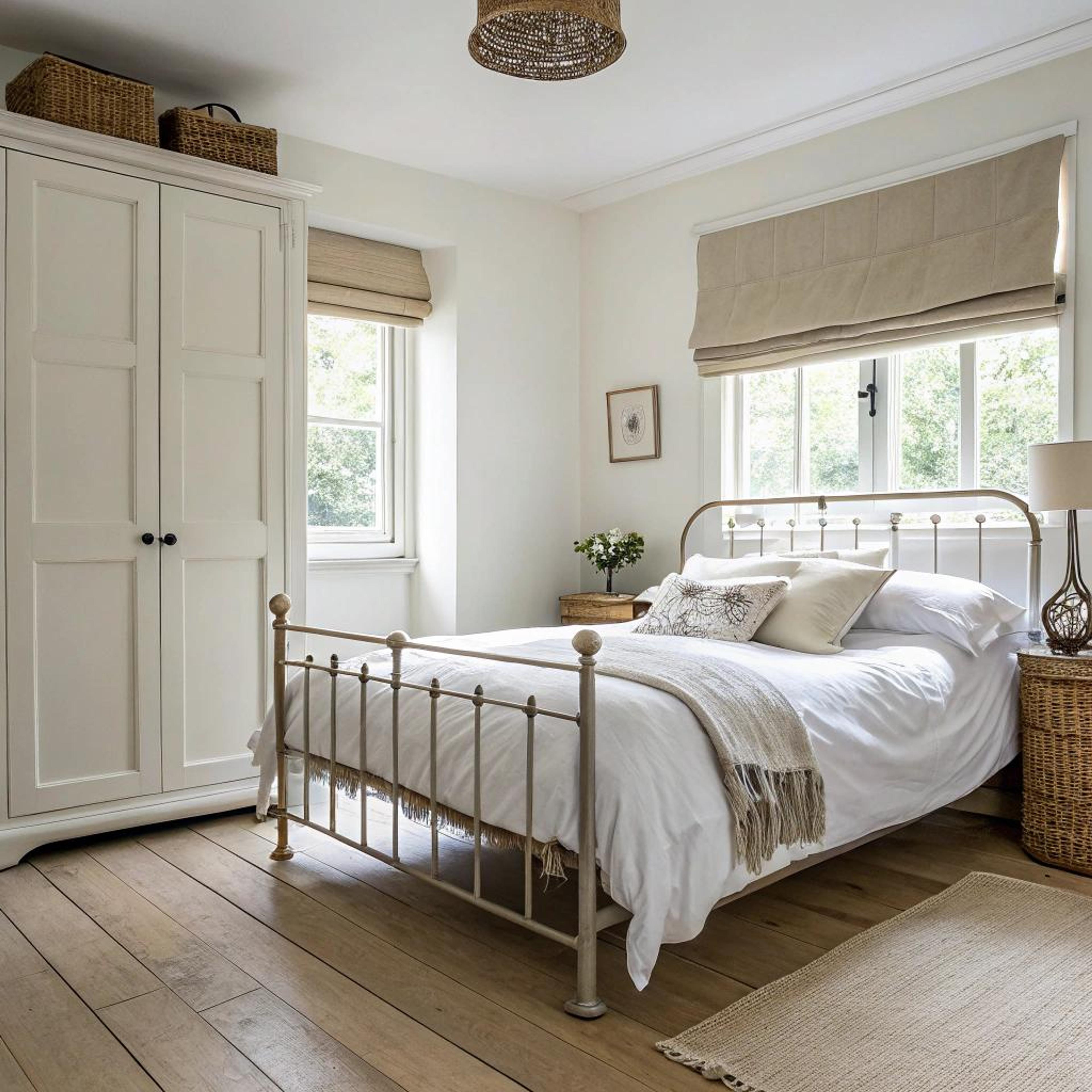 Beige vouwgordijnen en rotan