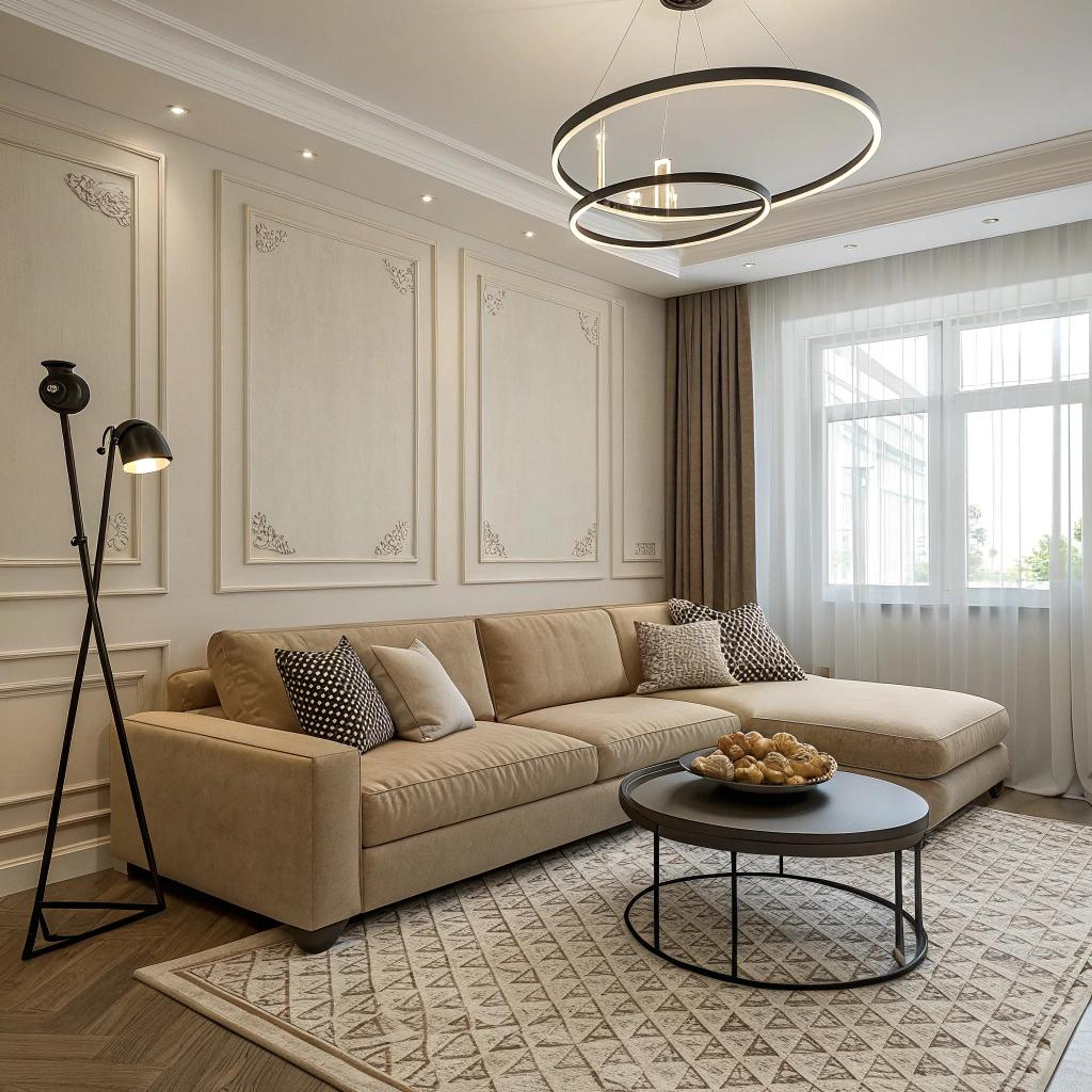 Vloerkleed layering met geometrische lijnen