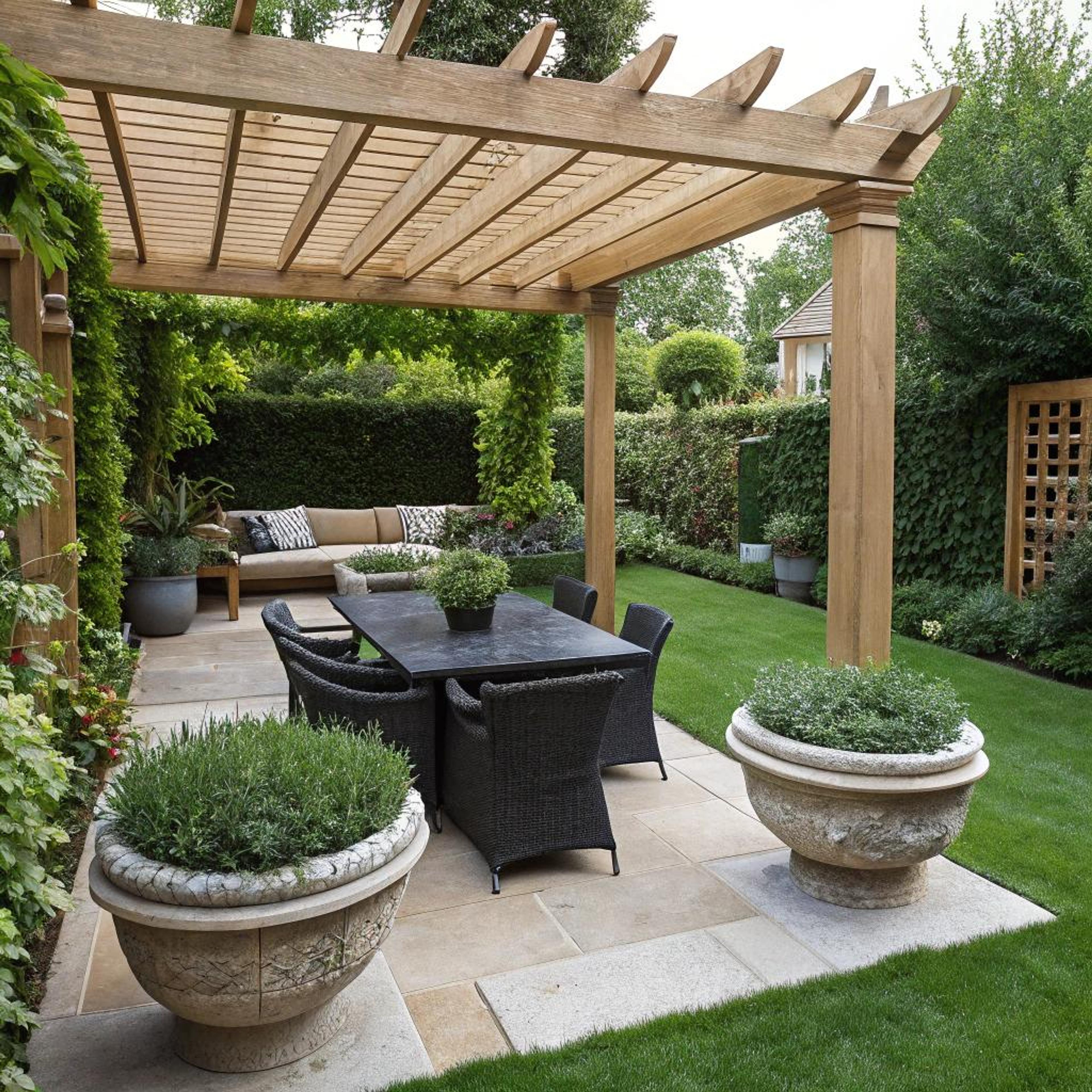 Zithoek onder houten pergola