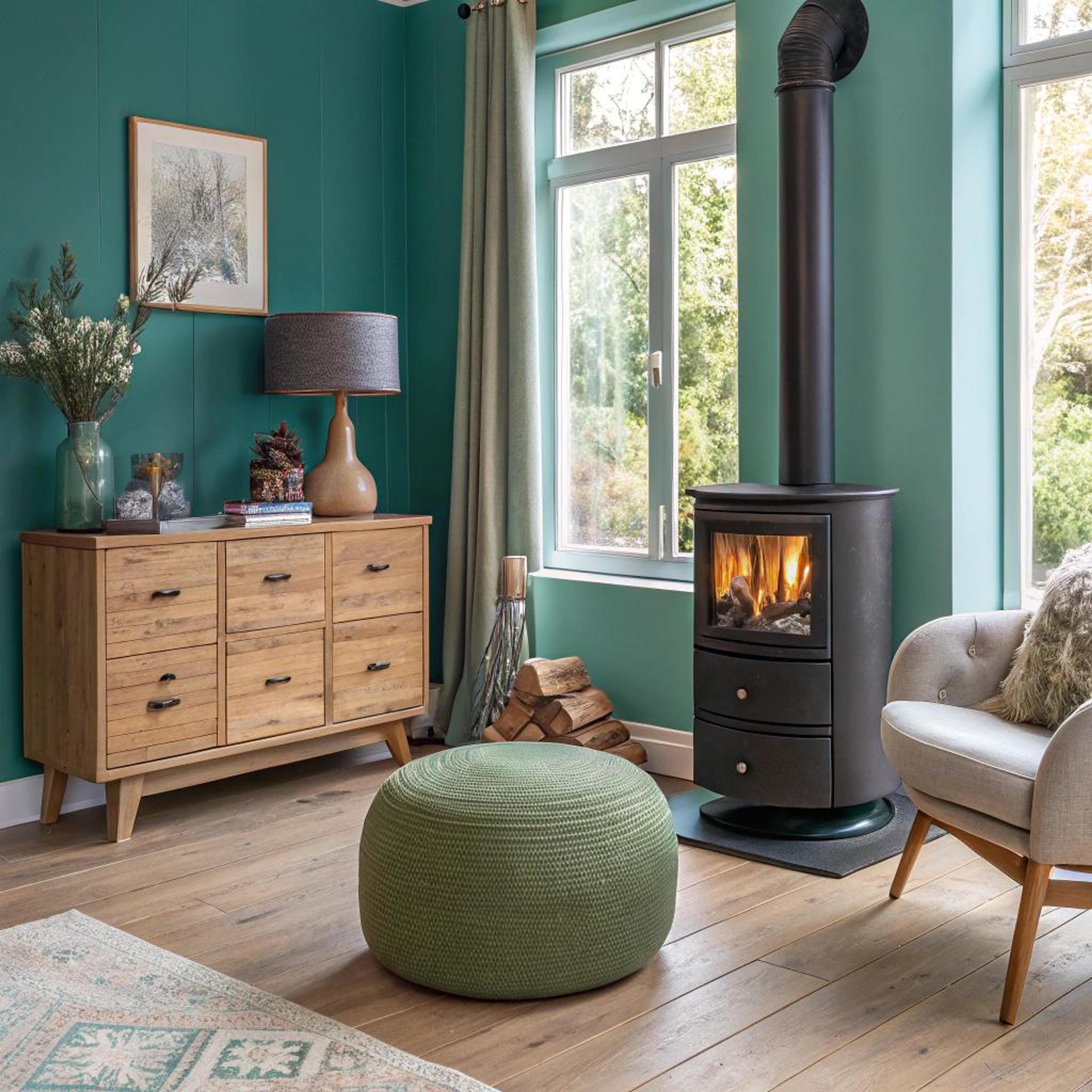 Zithoekje met teal en hout