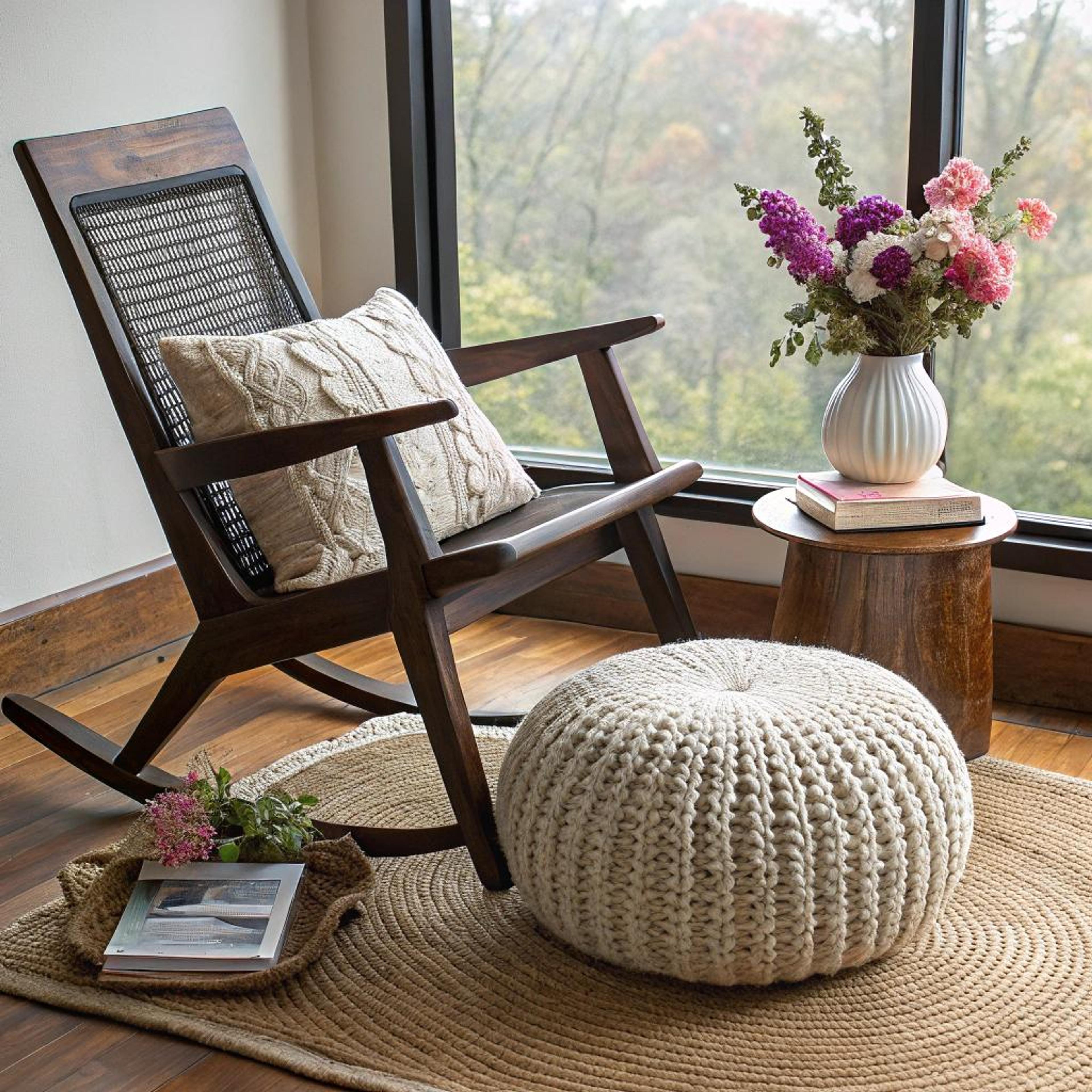 Rotan schommelstoel en breisels
