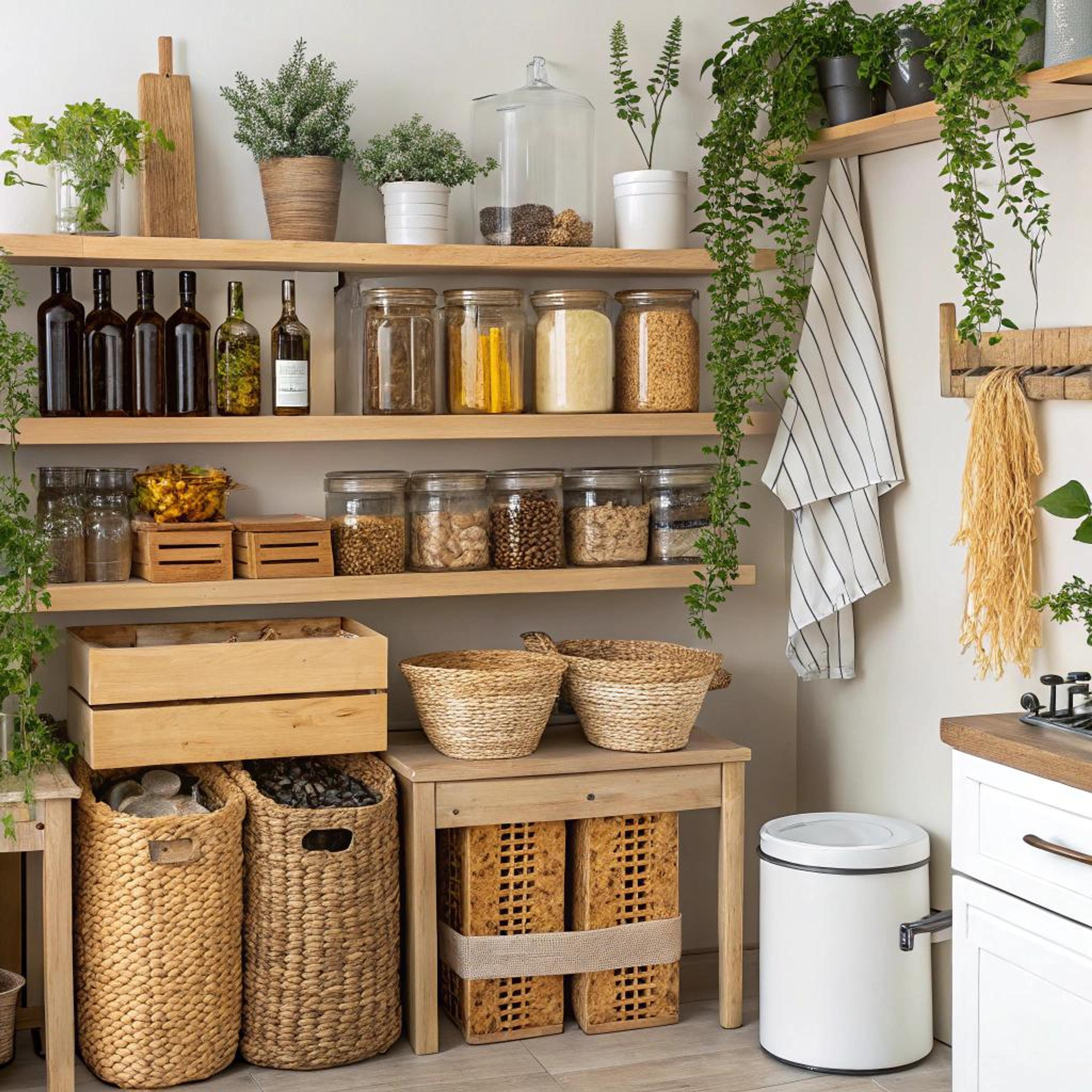 Houten schappen met groene accenten