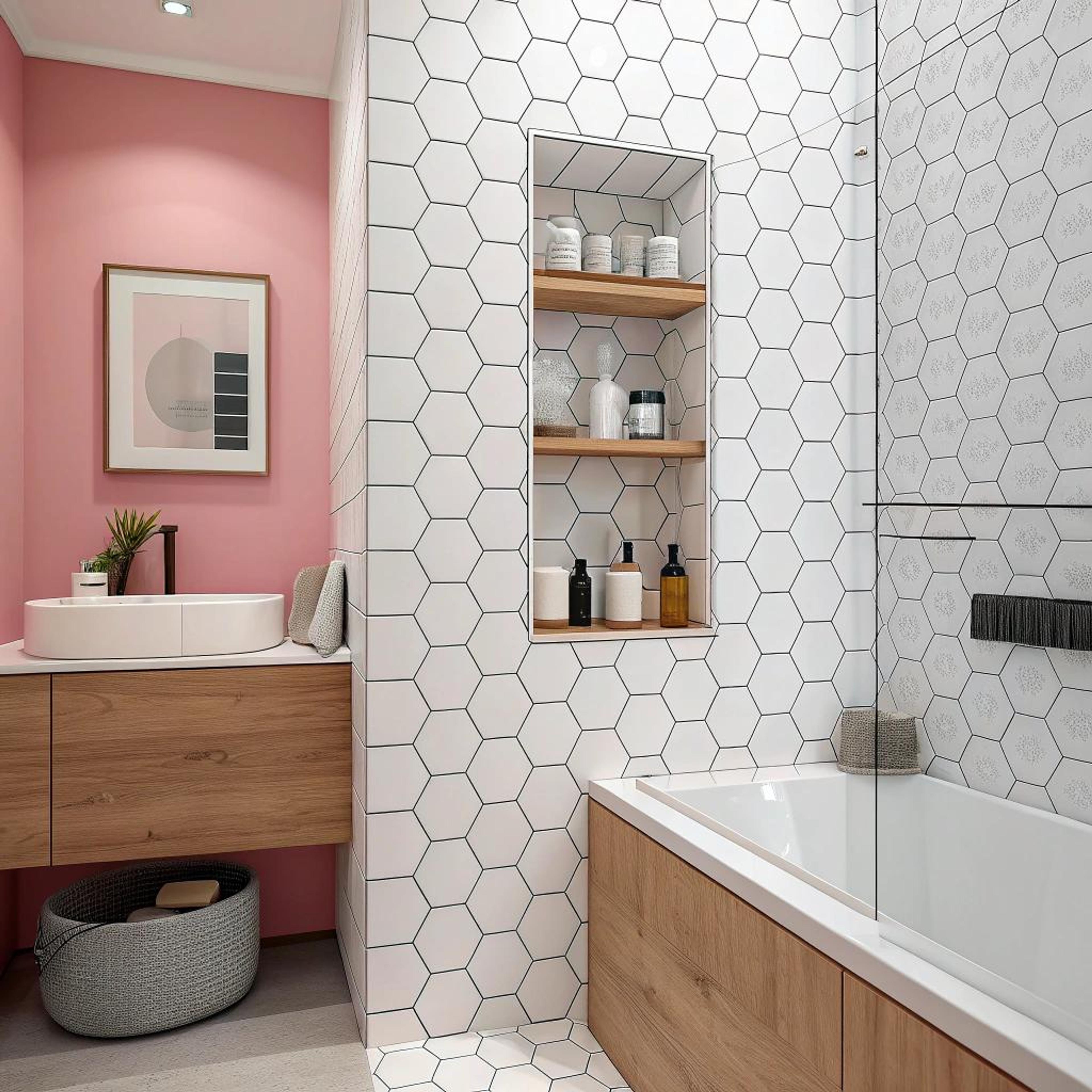 Roze wand ontmoet hexagon tegels