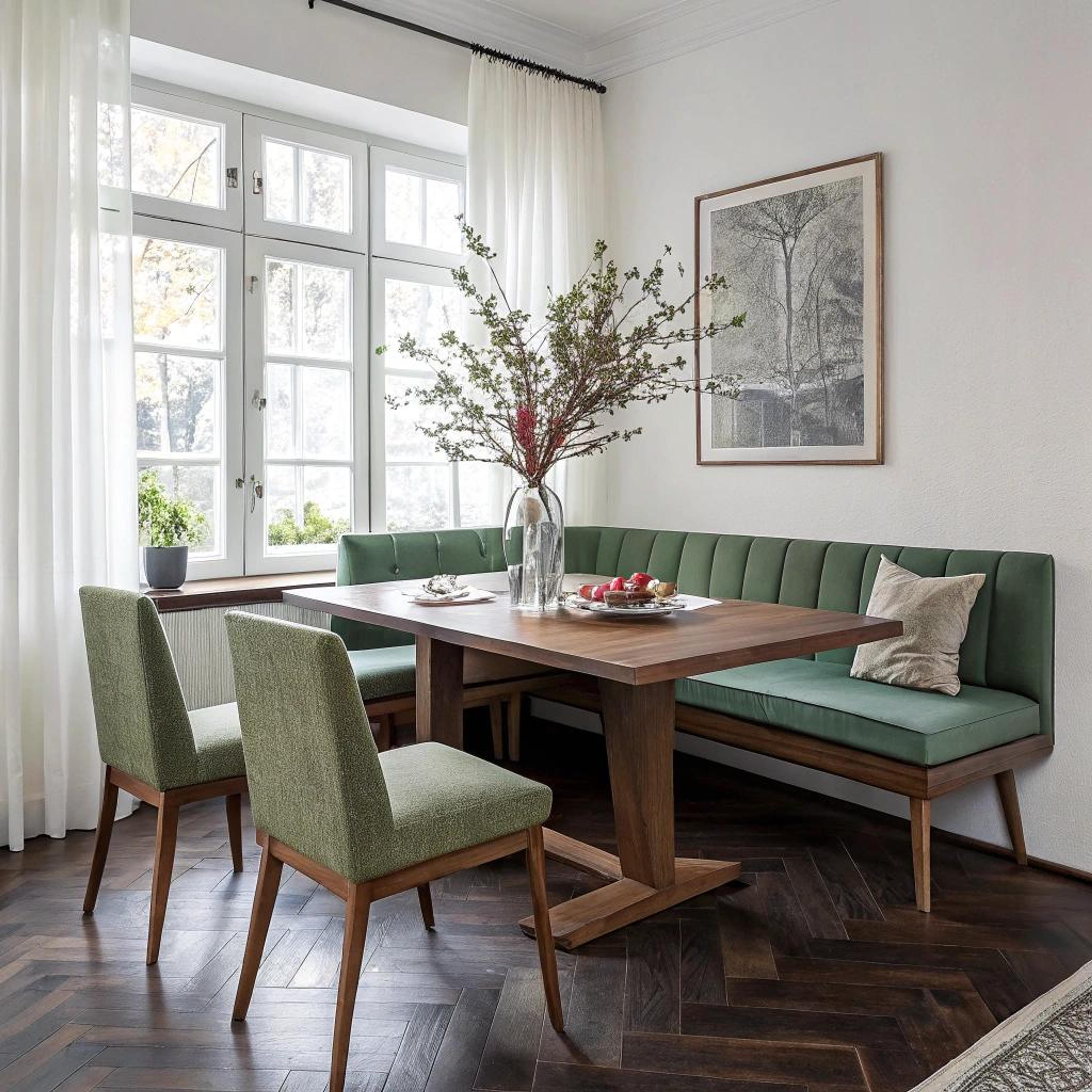 Groene stoelen bij houten tafel