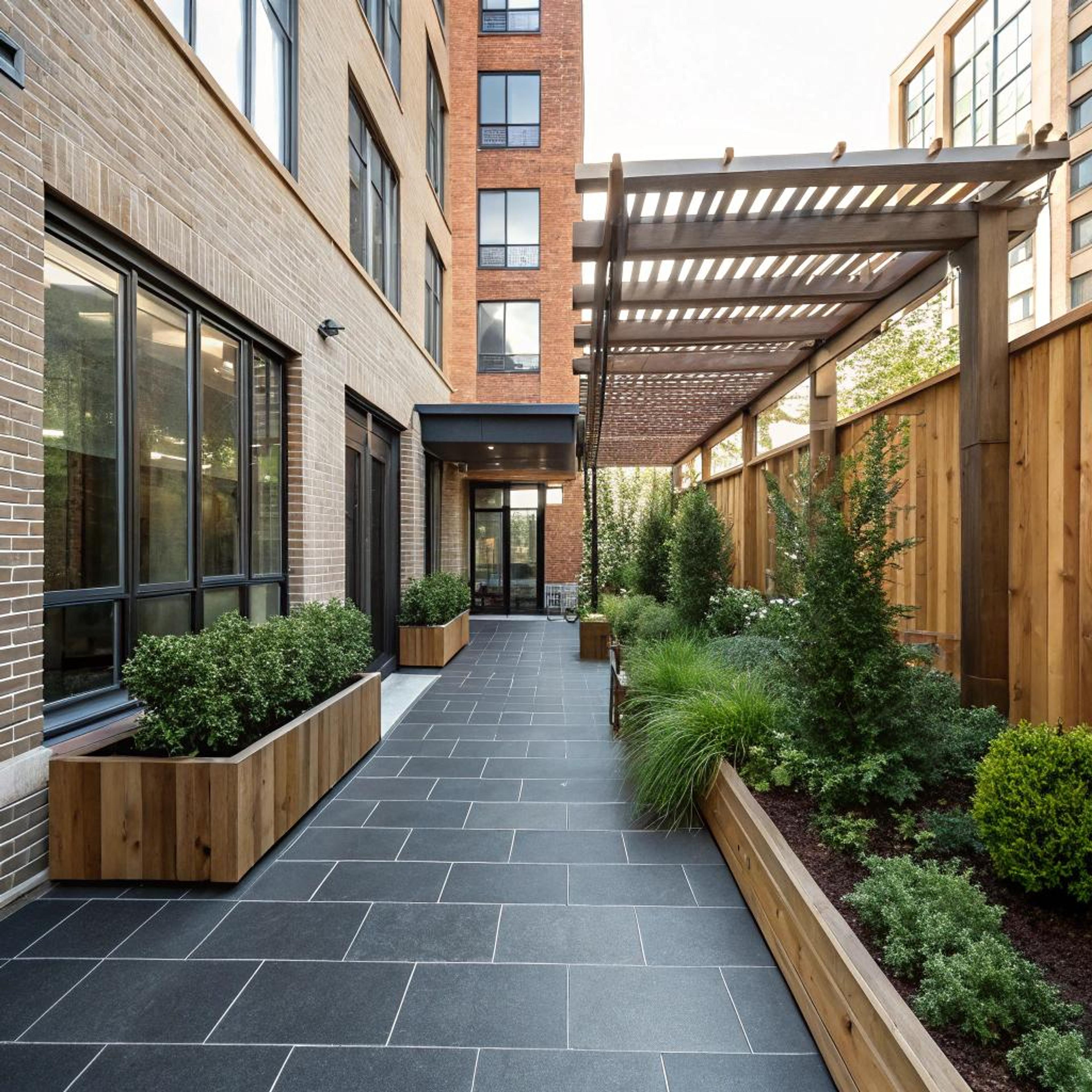 Donkere tegels onder pergola