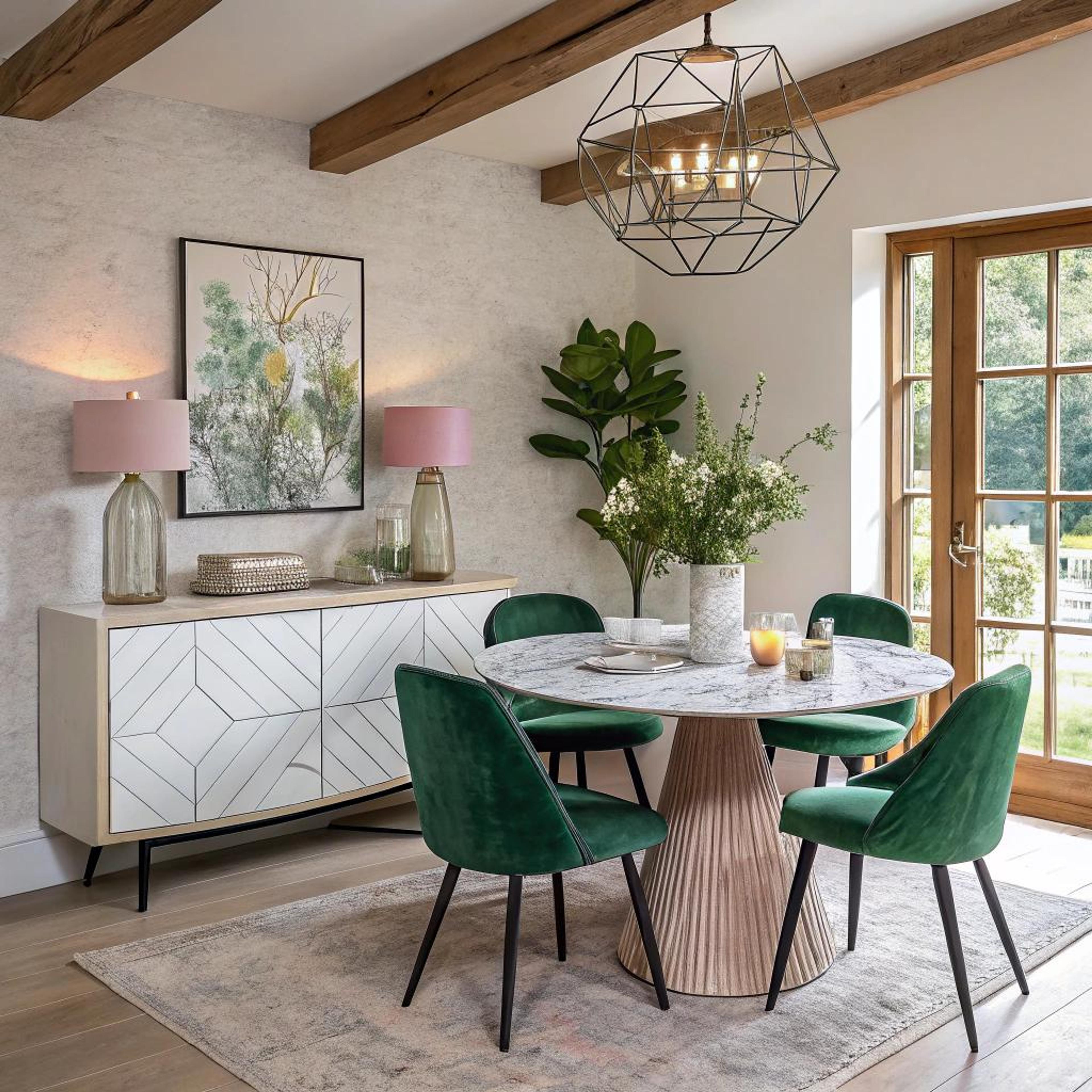 Groene velvet stoelen rondom marmer