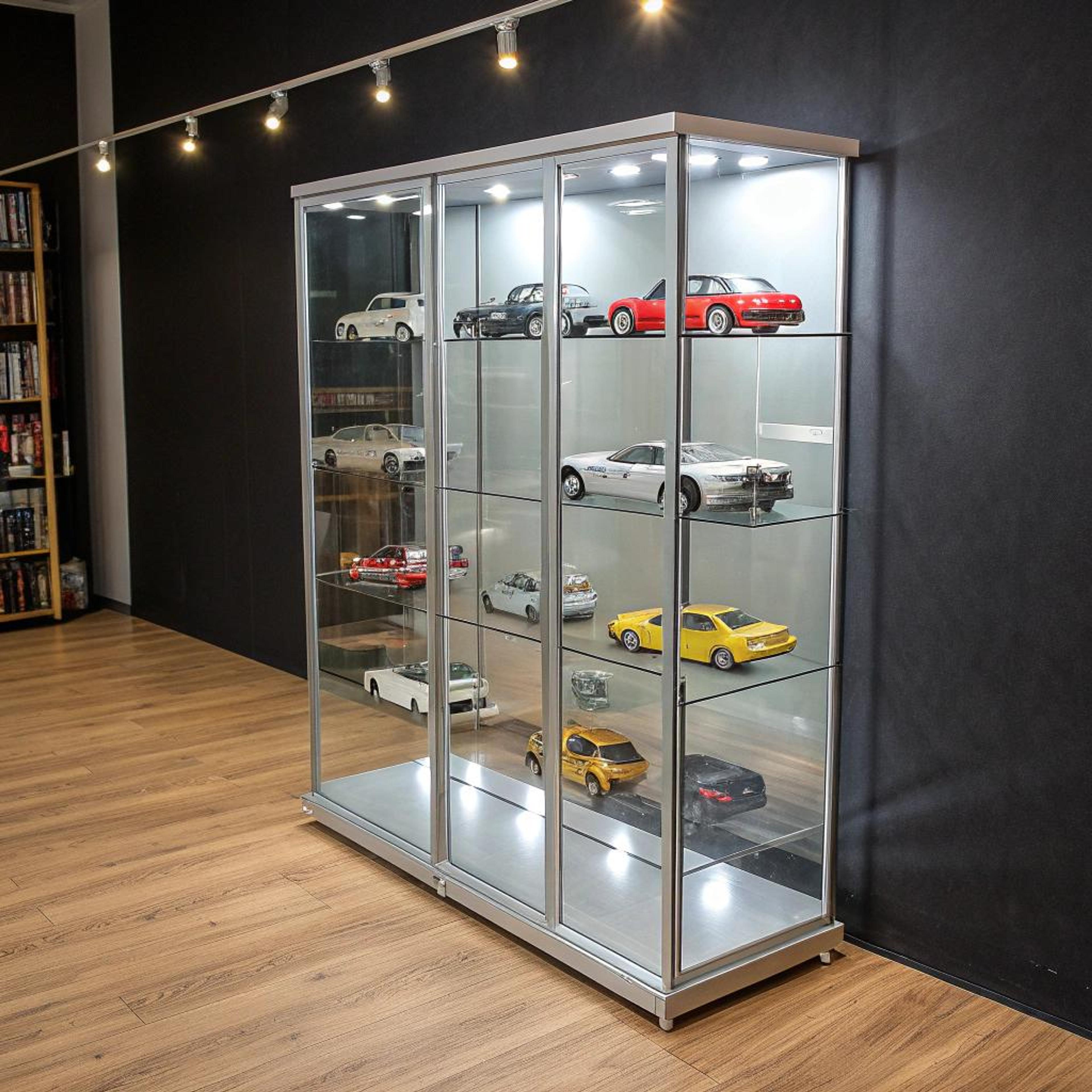 Strakke vitrine met modelauto’s