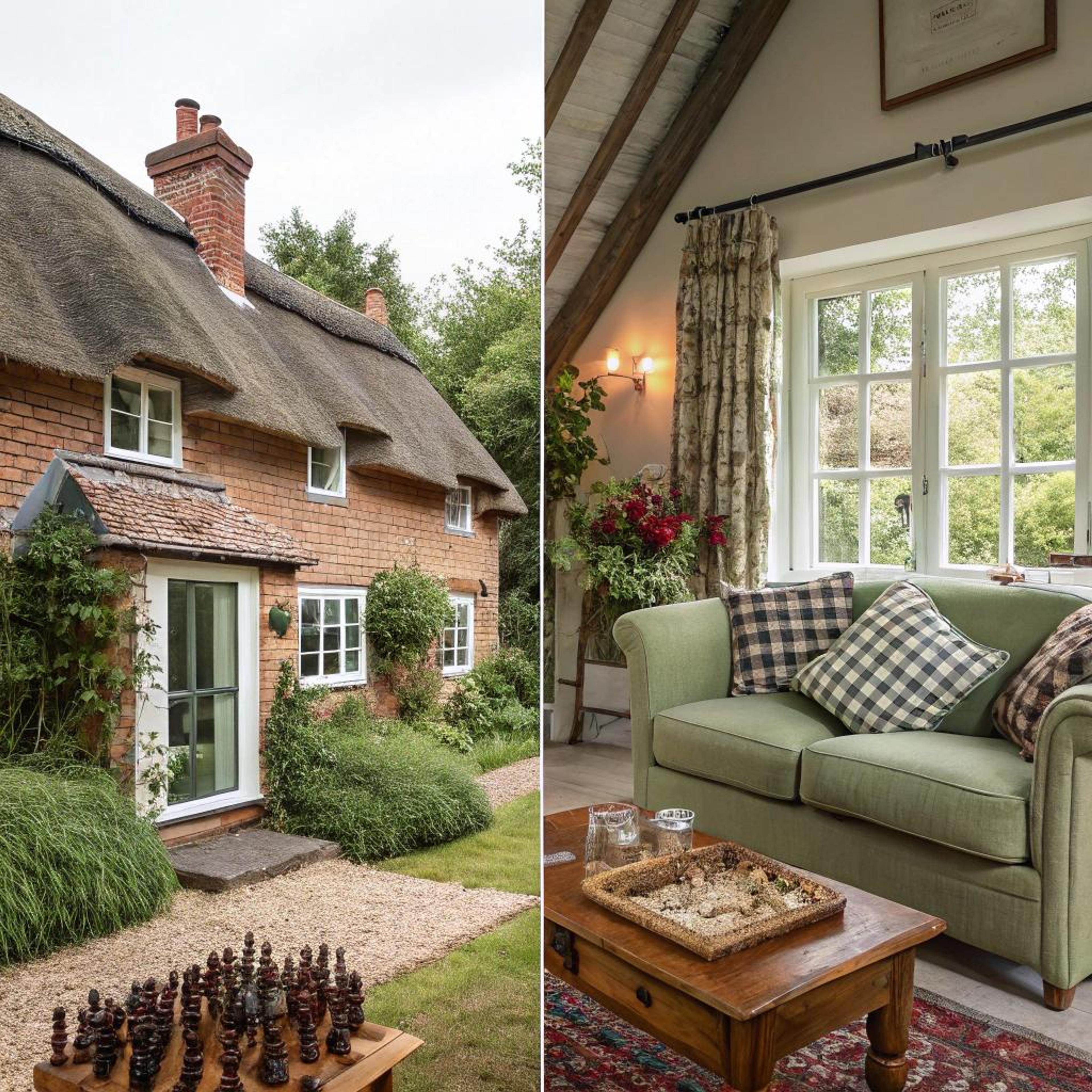 Geruite kussens op groene bank