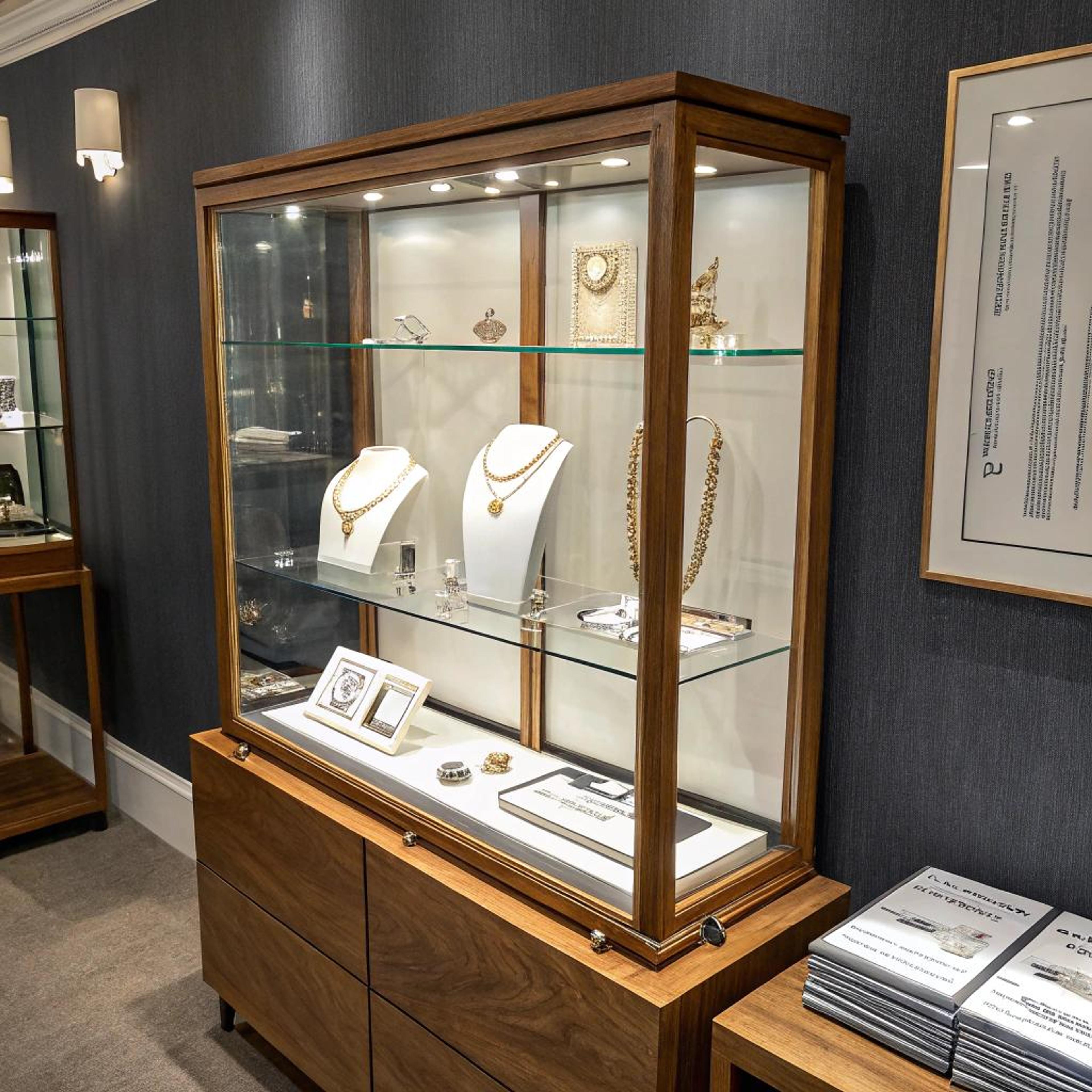 Houten vitrinekast met sieraden