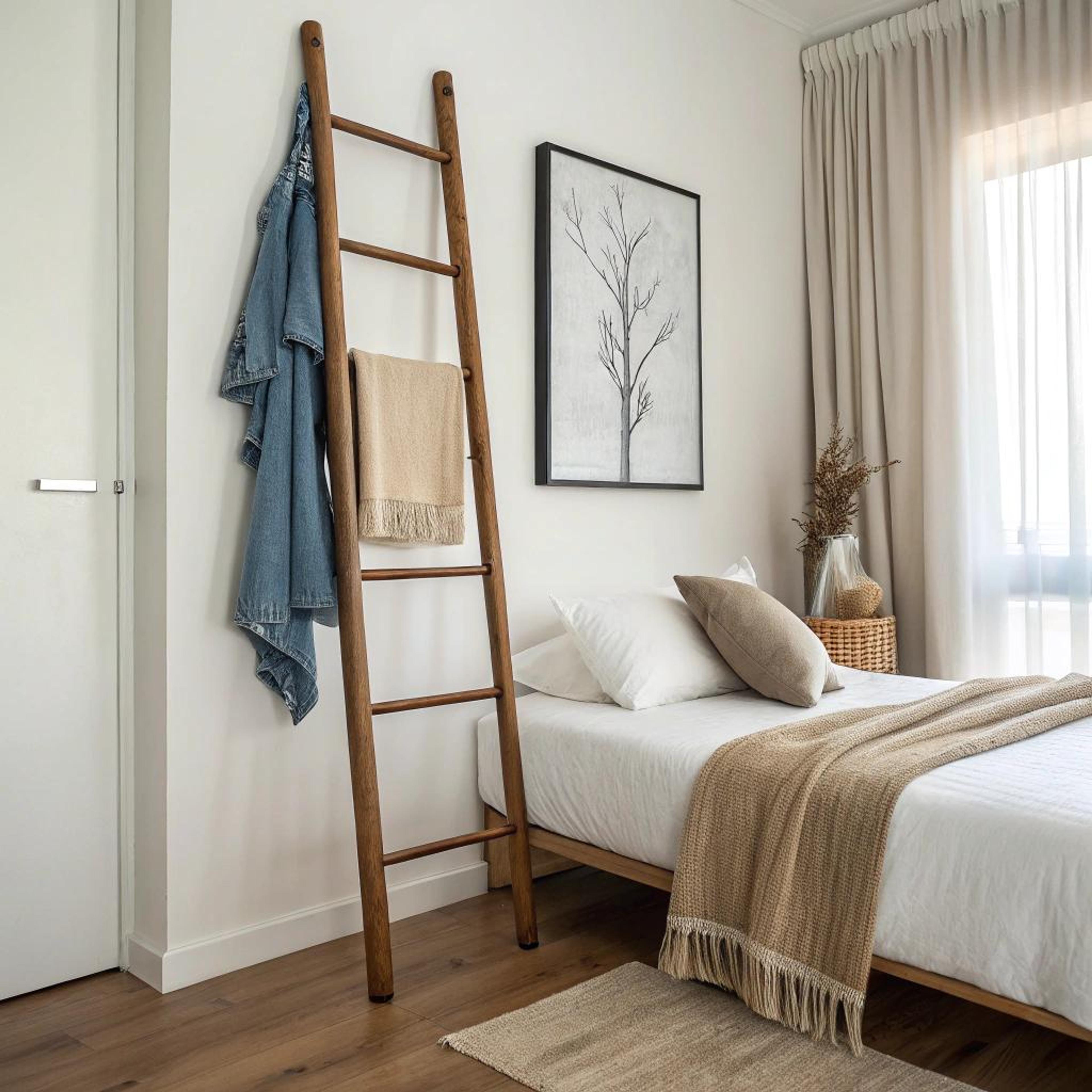 Beige textiel op houten ladder