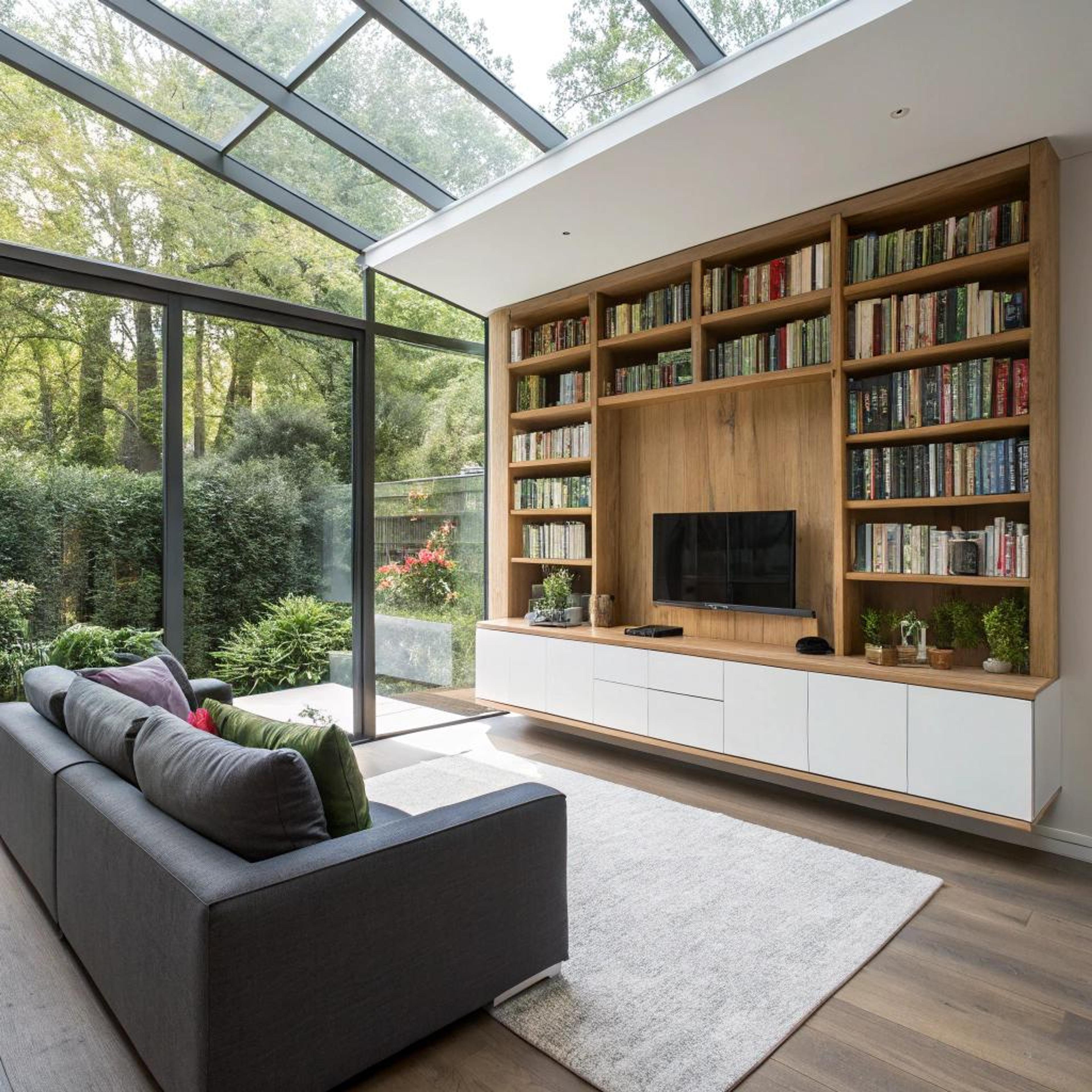 Boekenkast met uitzicht op groen