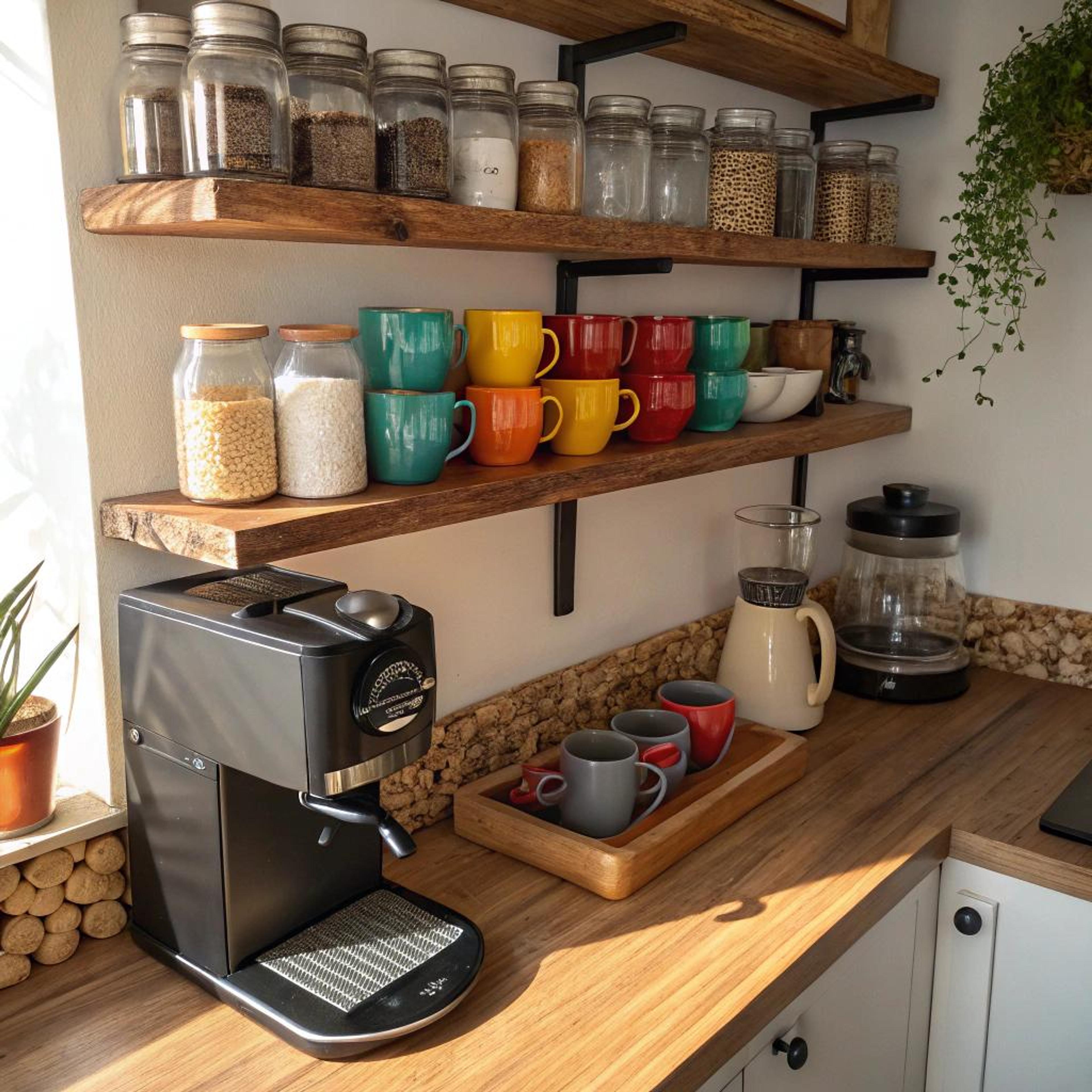 Bonte mokken op houten plank