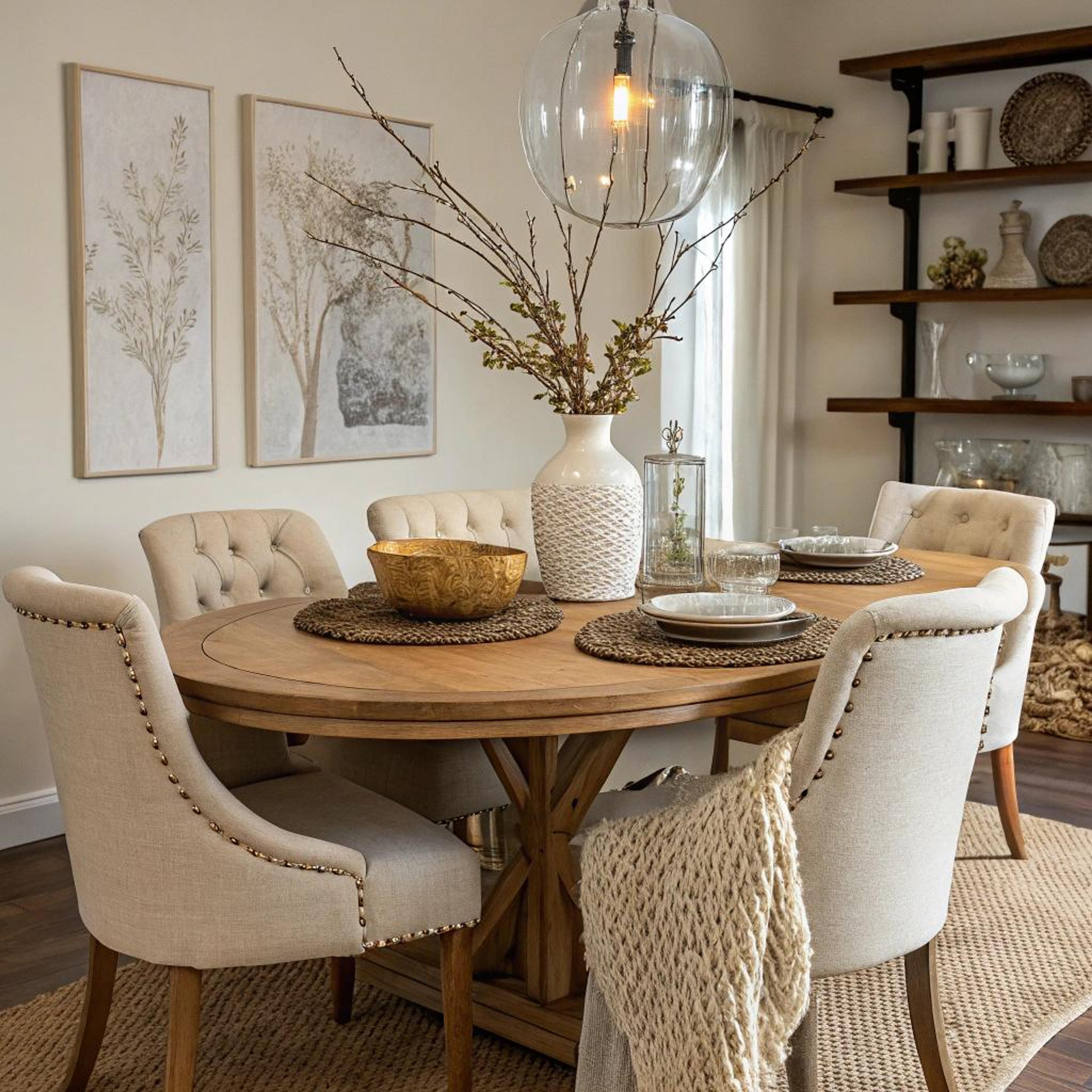 Houten tafel met ronde vaas