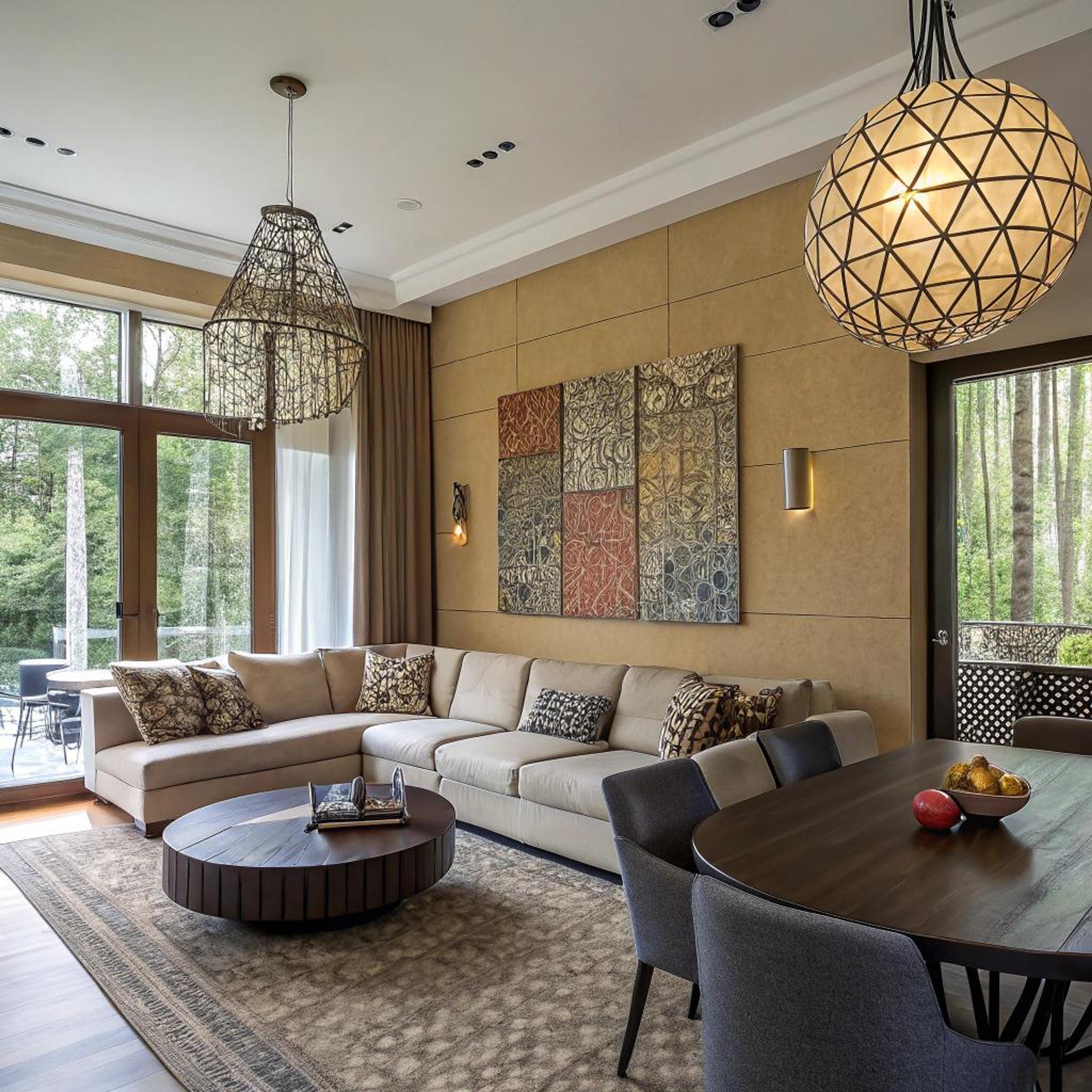 Geometrische pendels boven salontafel