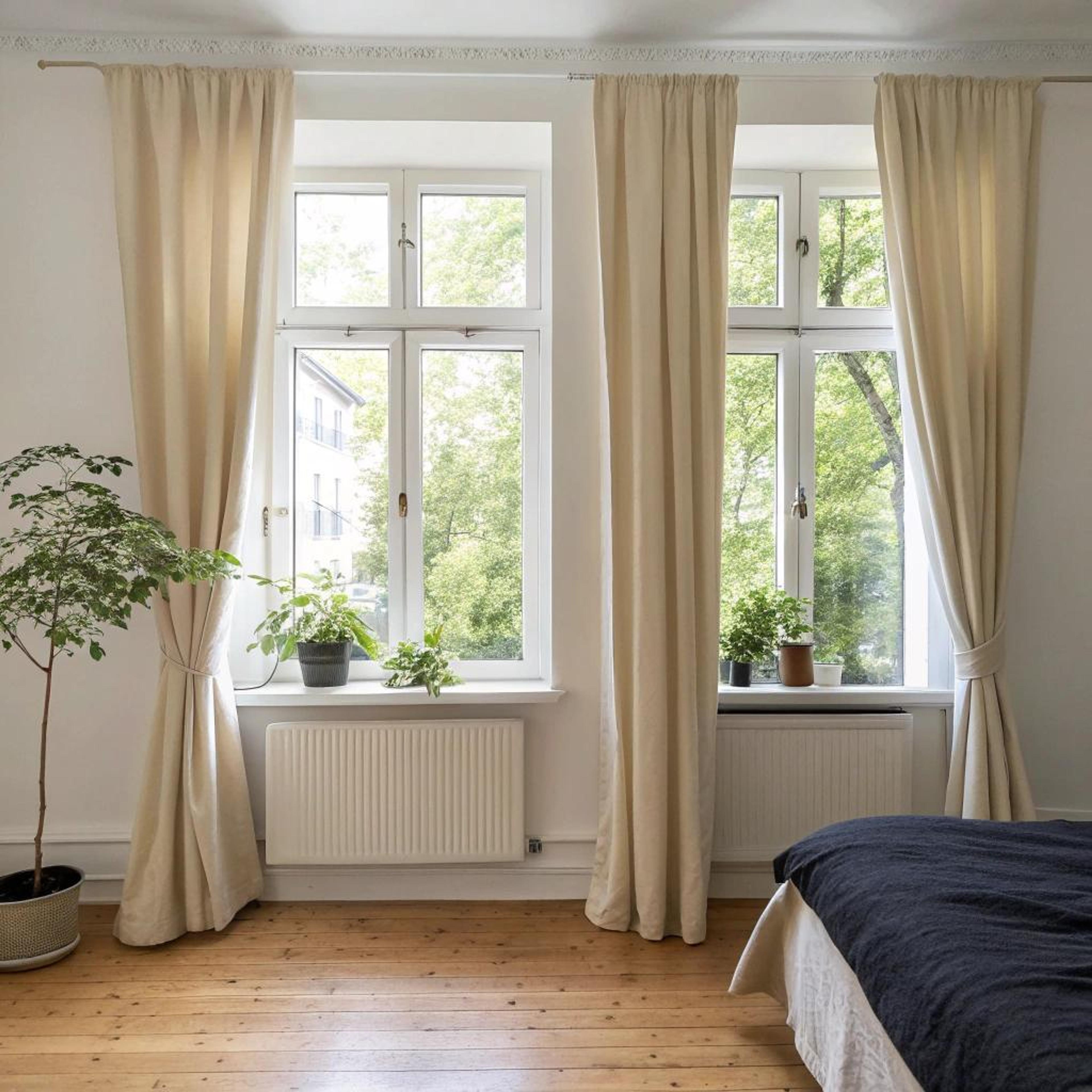 Beige gordijnen en kamerplanten