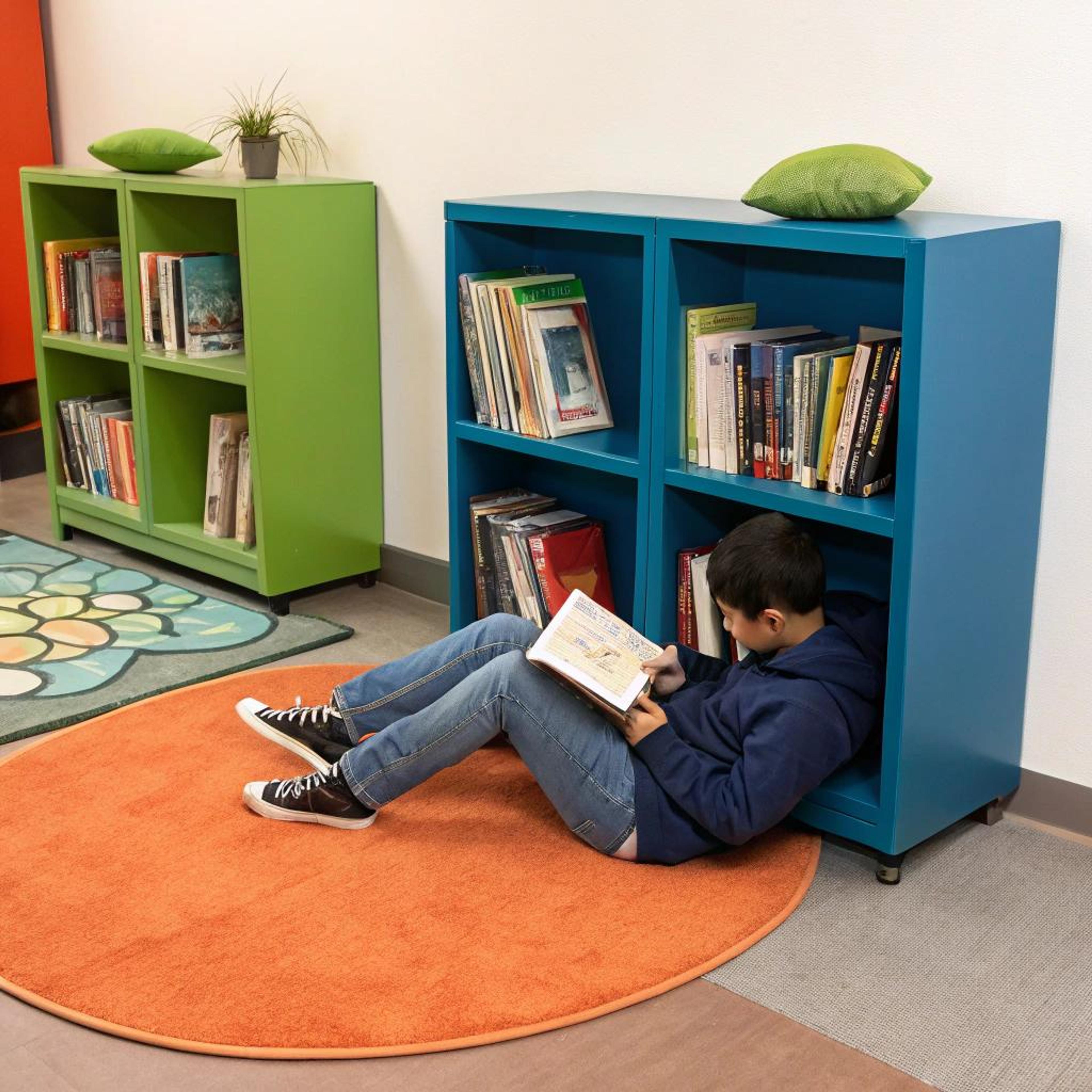 Kleurrijke boekenhoek met vloerkleed
