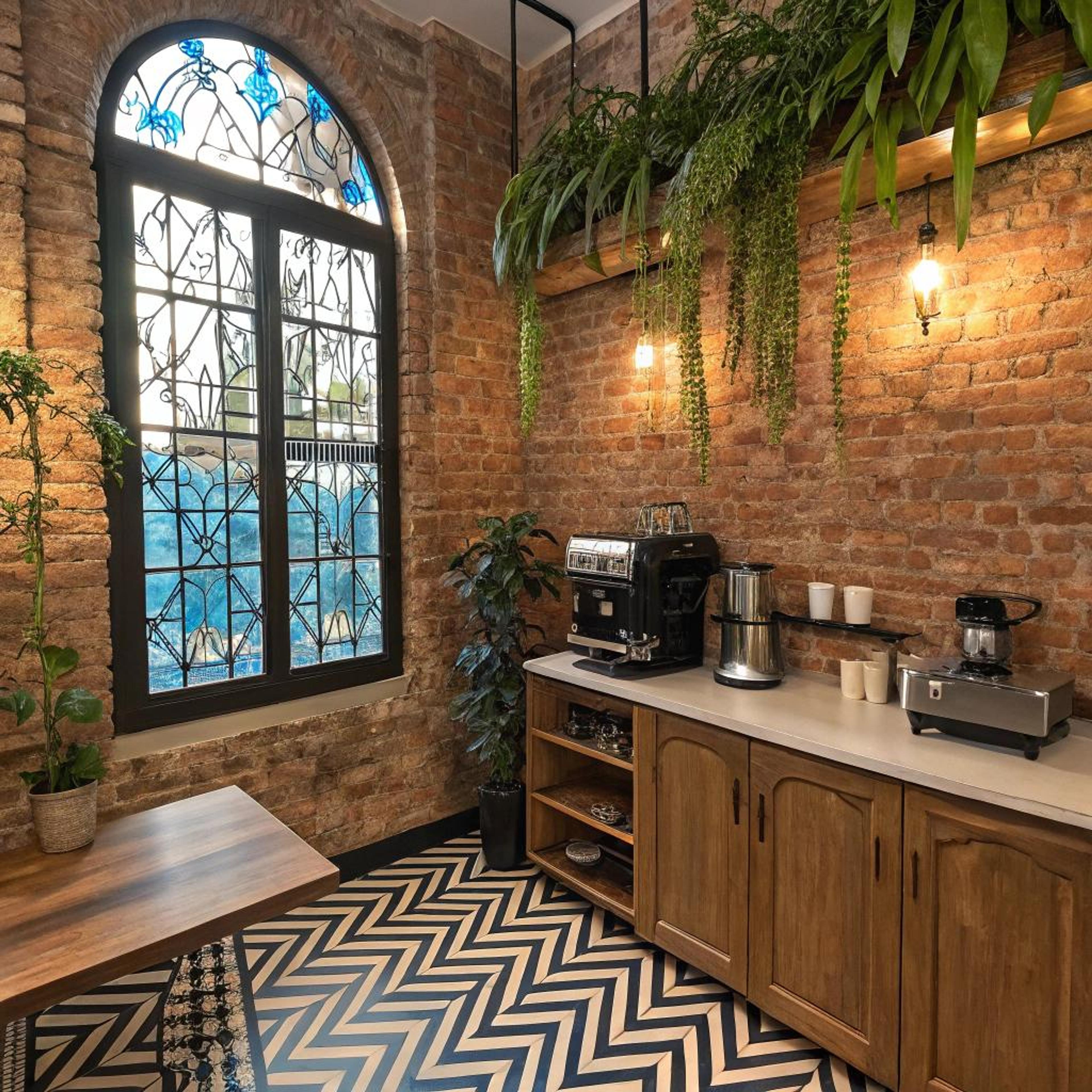 Ruwe bakstenen met glas-in-lood