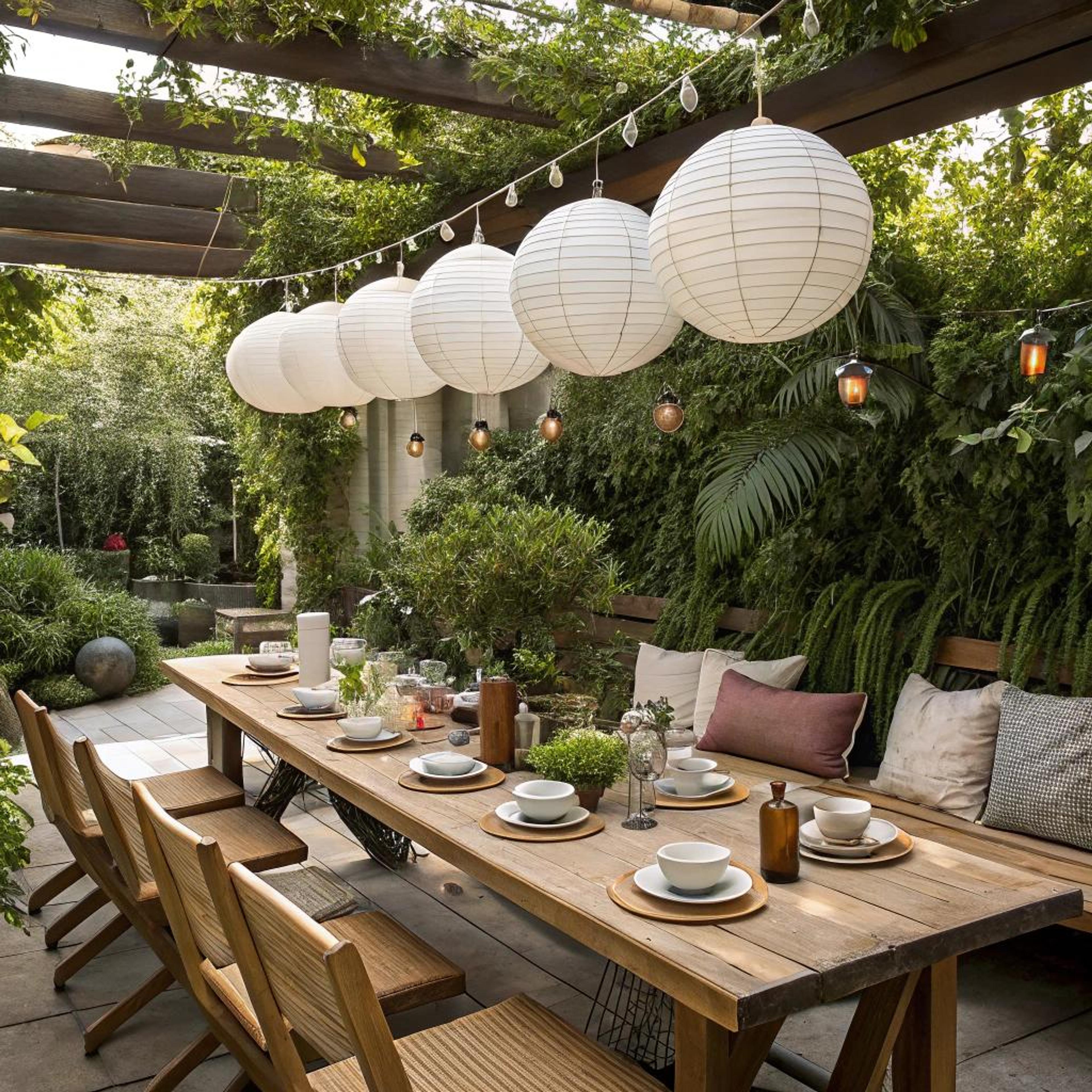 Lantaarns boven houten tuintafel