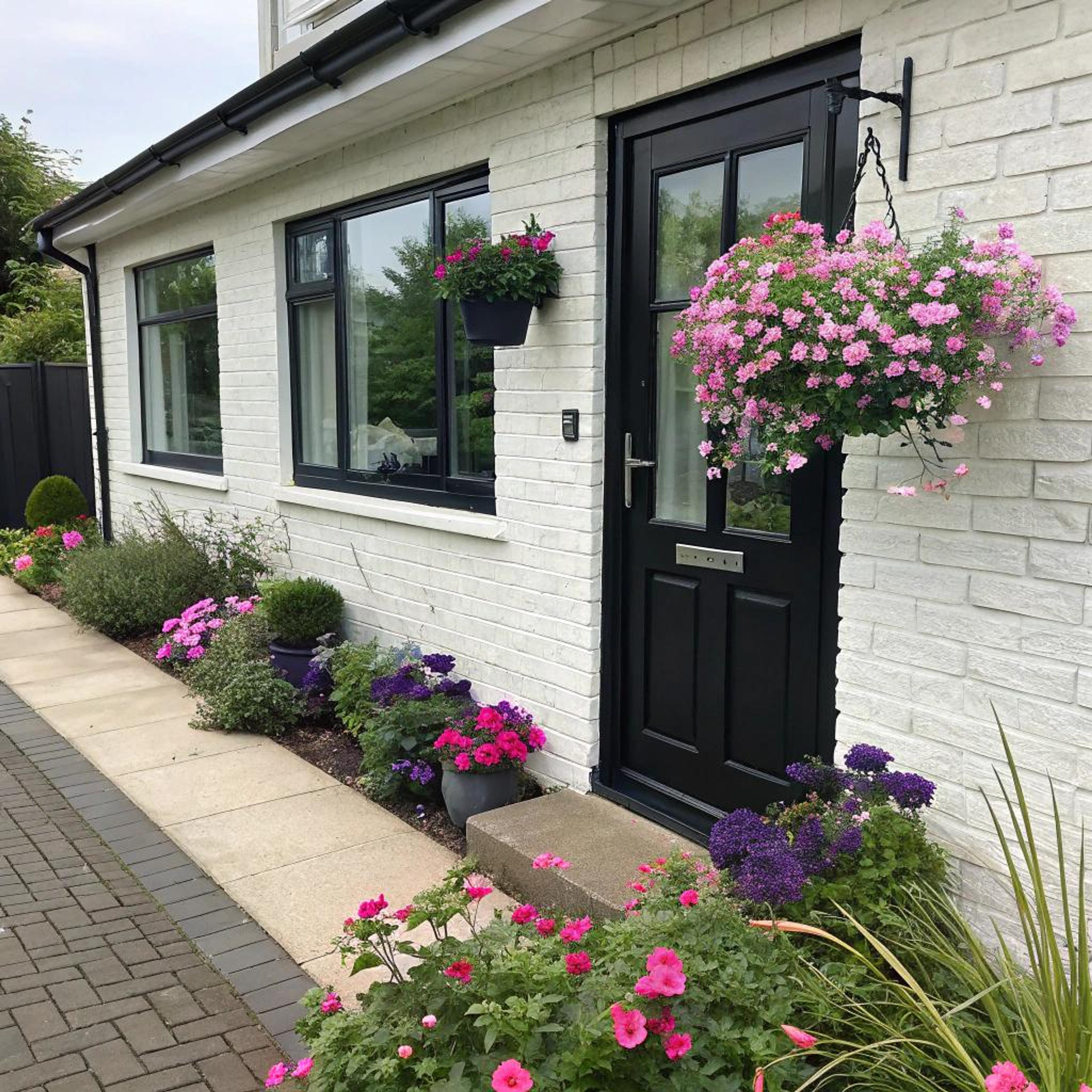 Zwarte voordeur met bloemencontrast