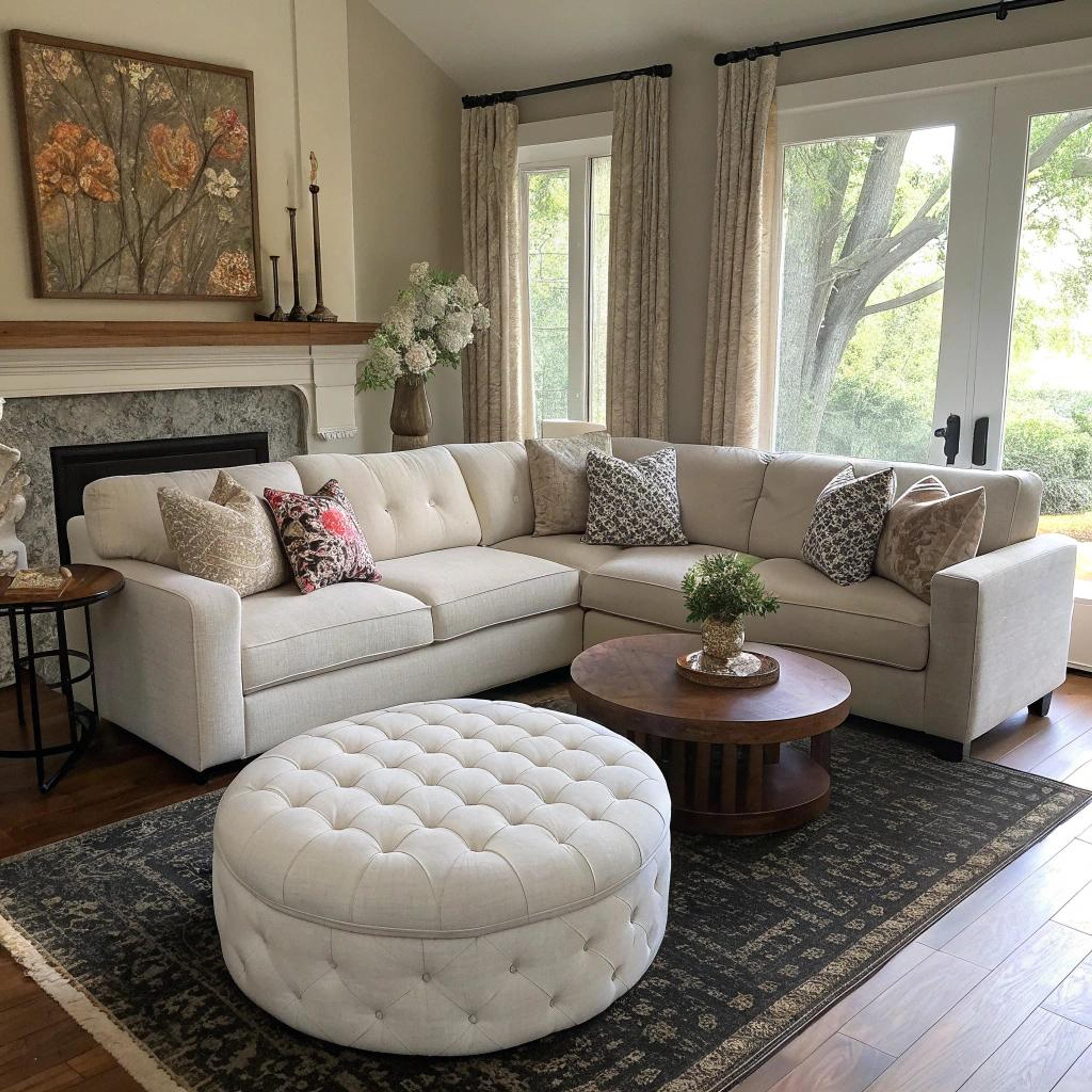 Ronde poef bij hoekbank