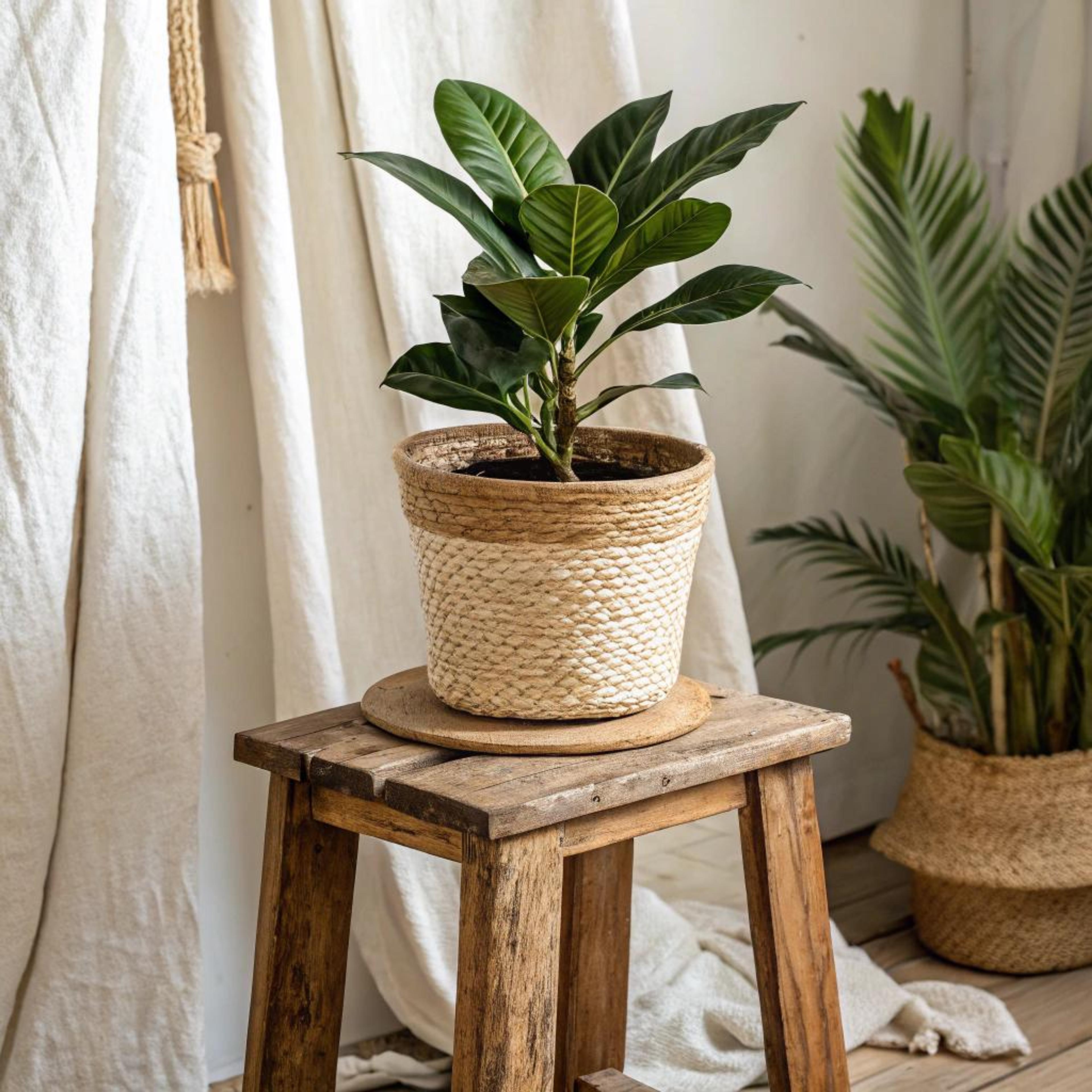 Rustiek krukje met mandplant