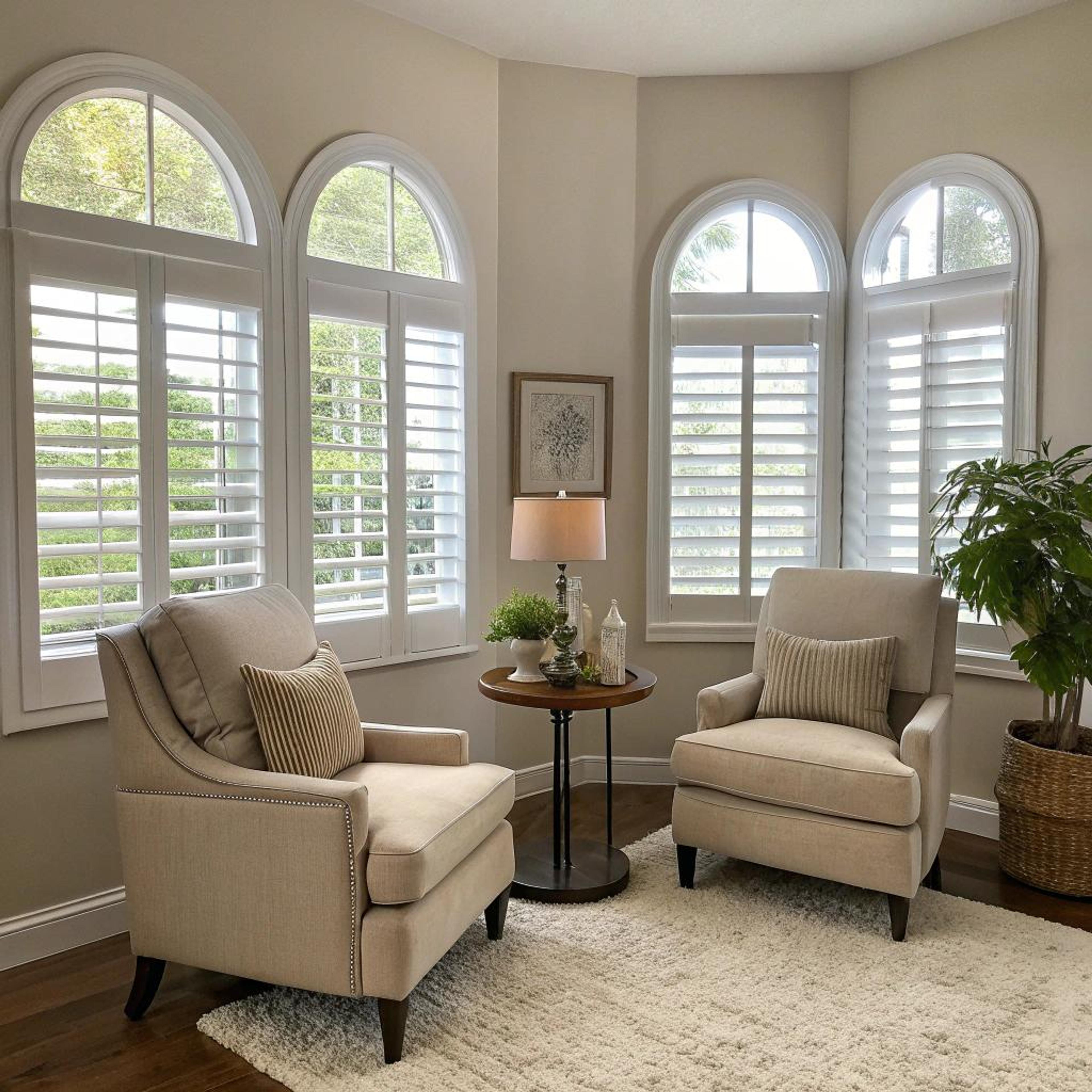 Beige fauteuils bij witte shutters