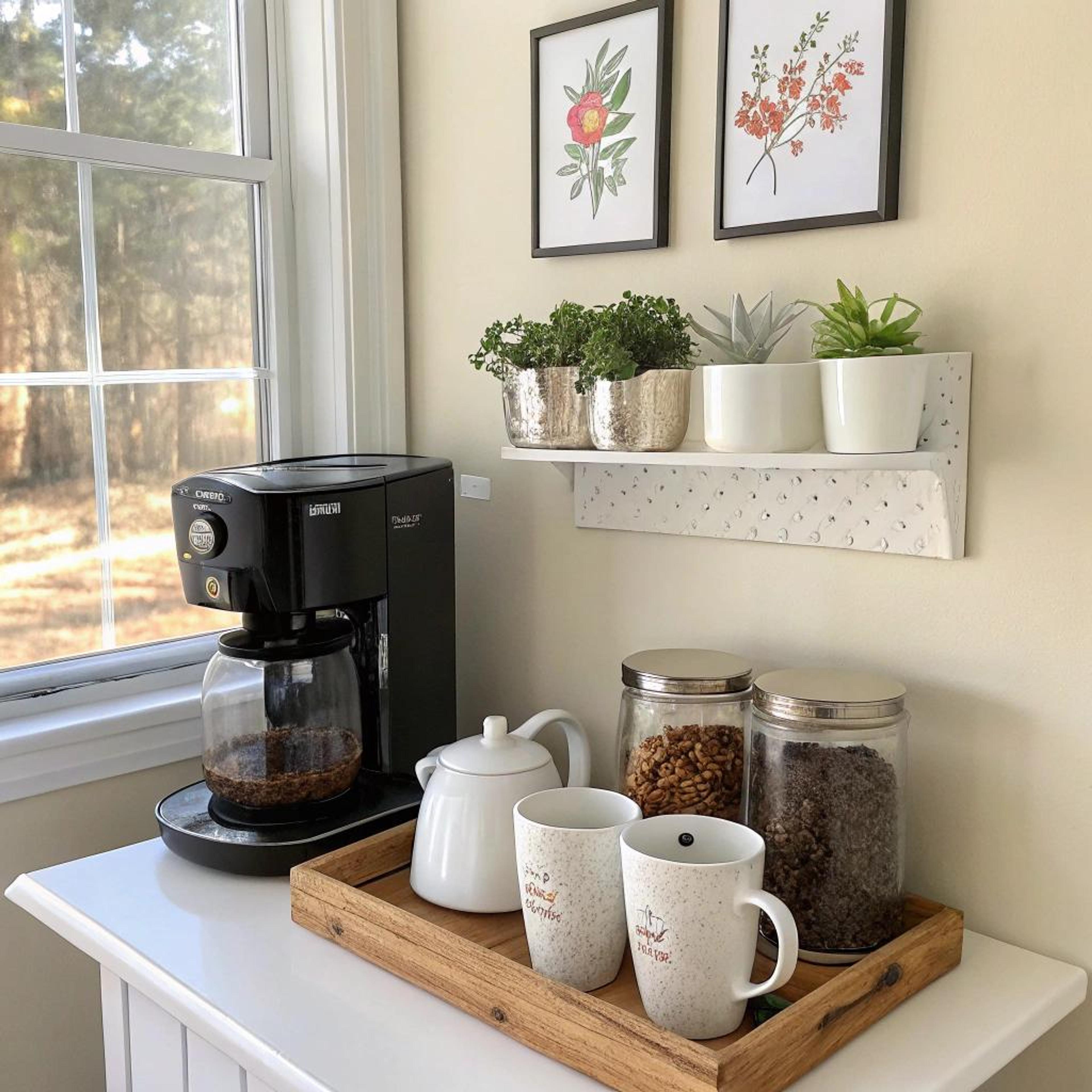 Planten en prints boven koffiehoekje