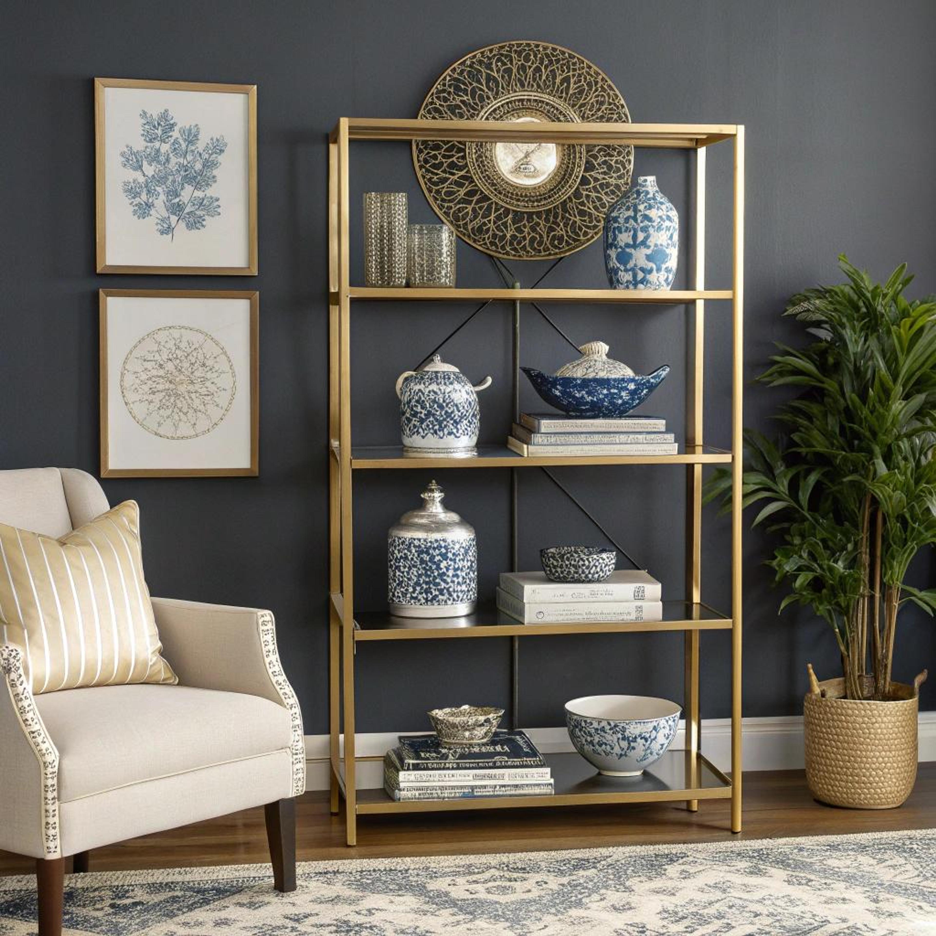 Blauw-witte keramiek op etagère