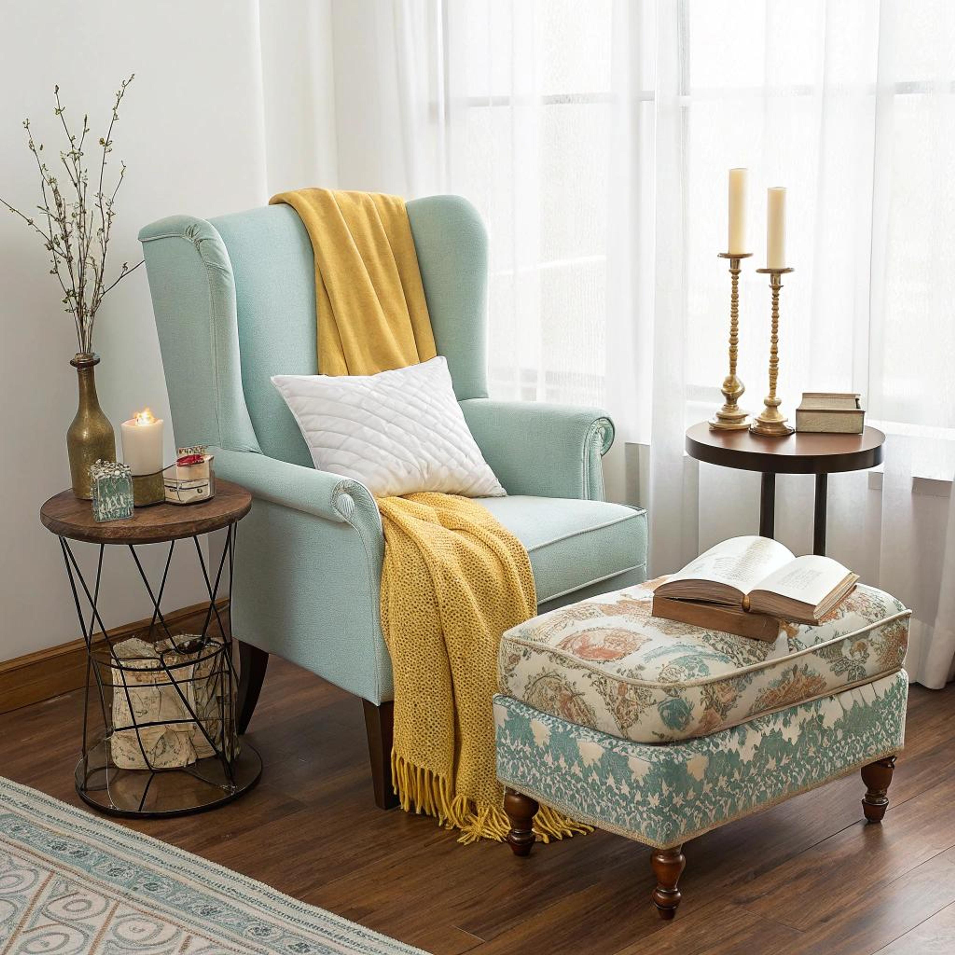 Pastelkleurige stoel met plaid