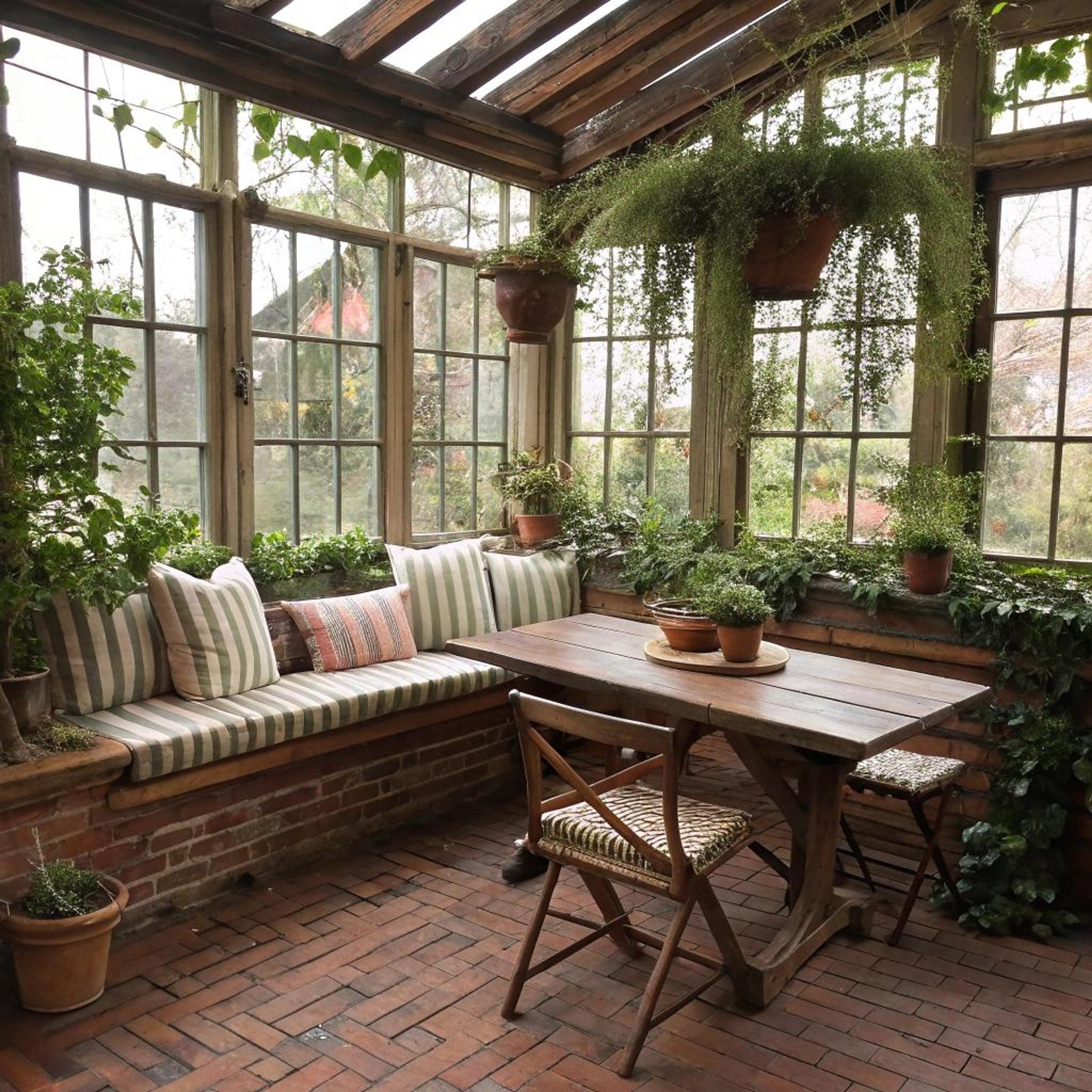 Hangplanten en gestreepte kussens