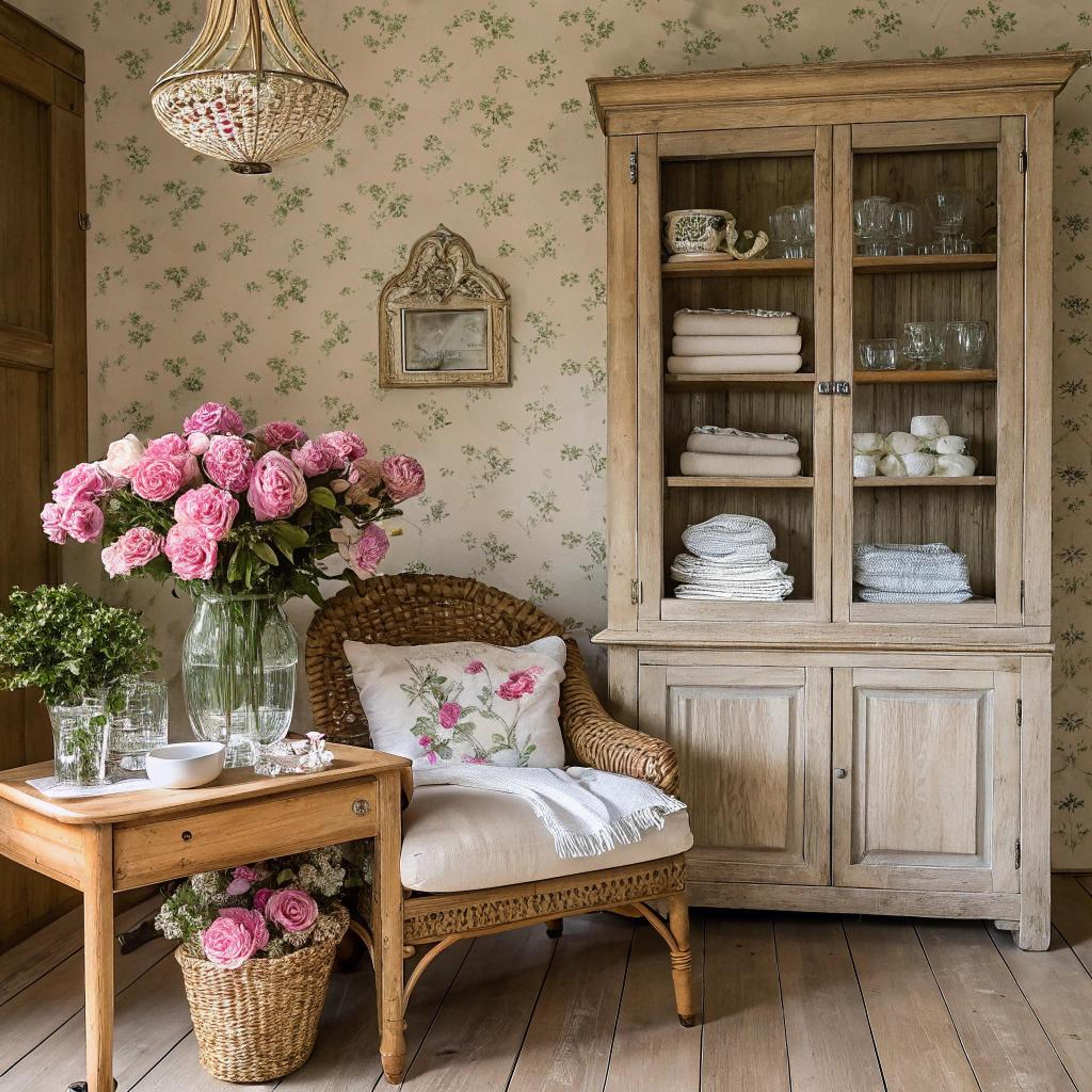 Rotan stoel met bloemenkussen