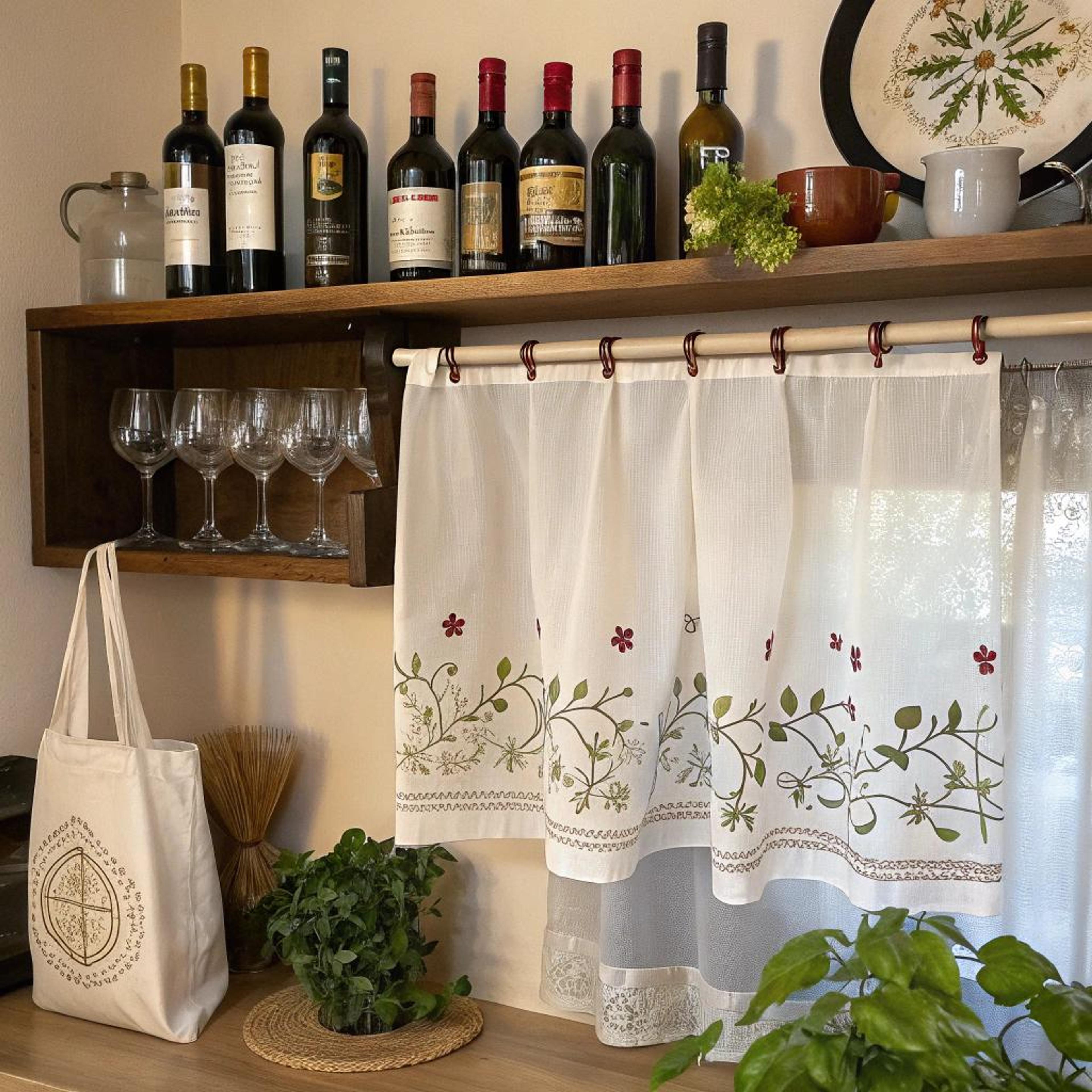 Geborduurde cafe gordijnen met bloemenmotief