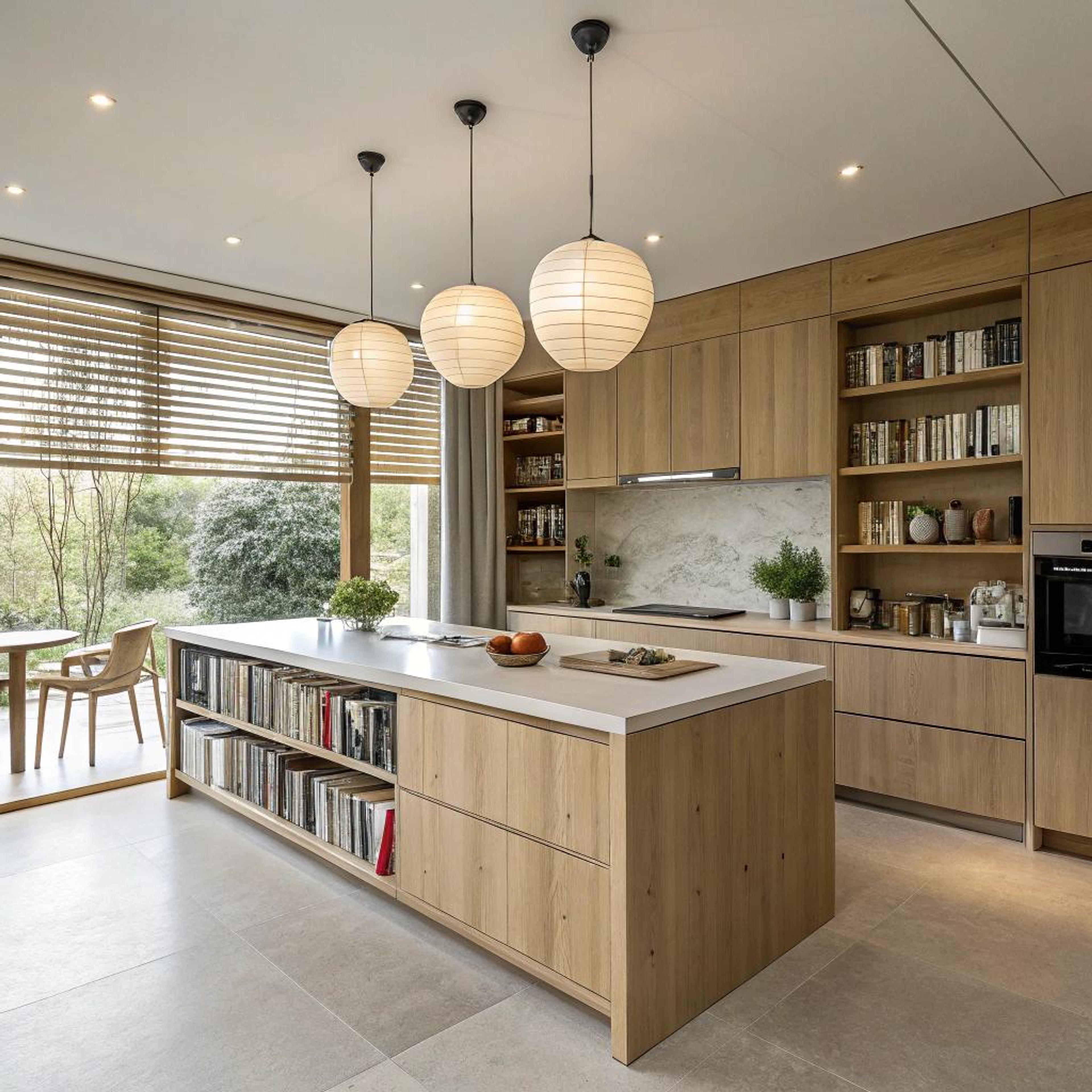 Boeken langs houten kookeiland