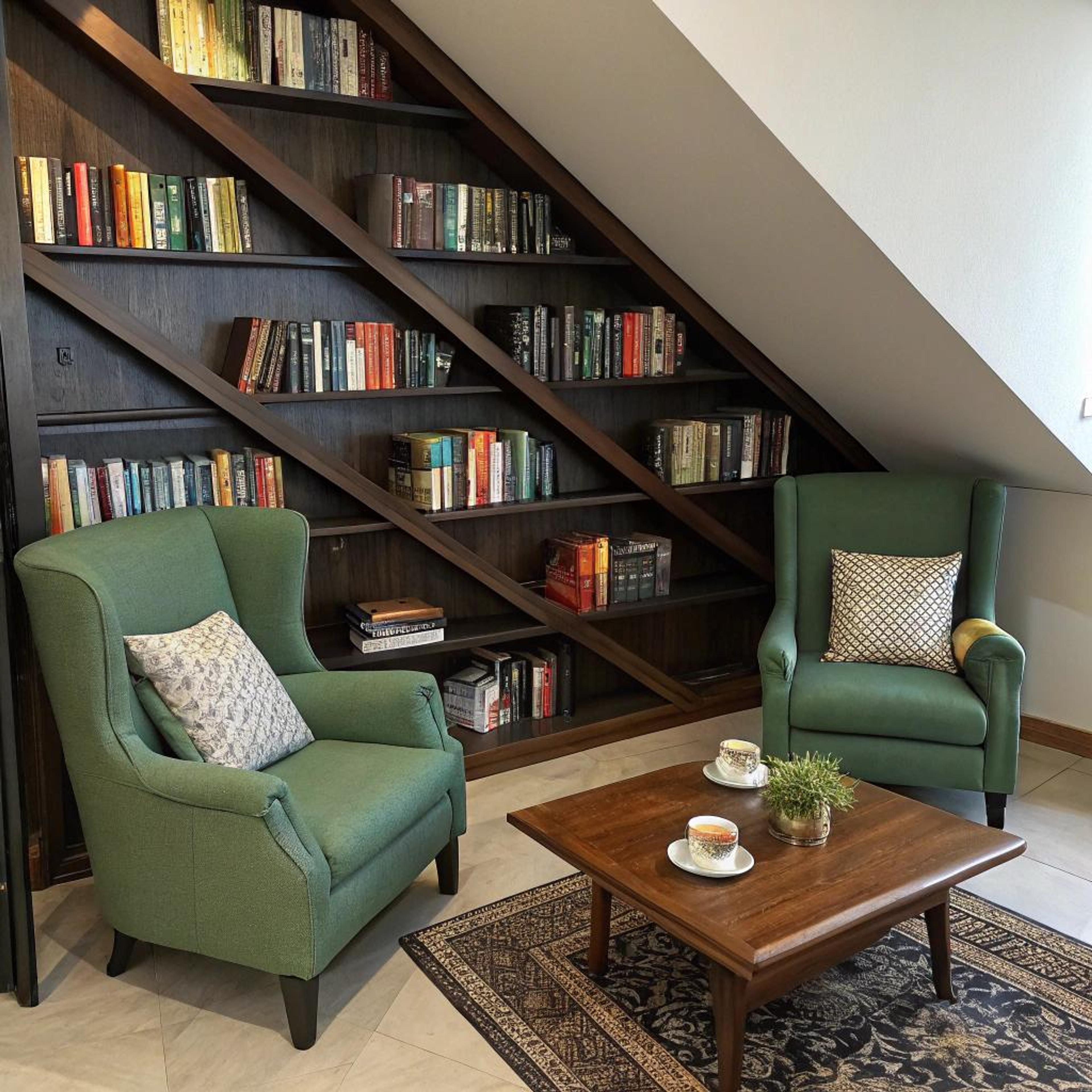 Diagonalekast en groene fauteuils