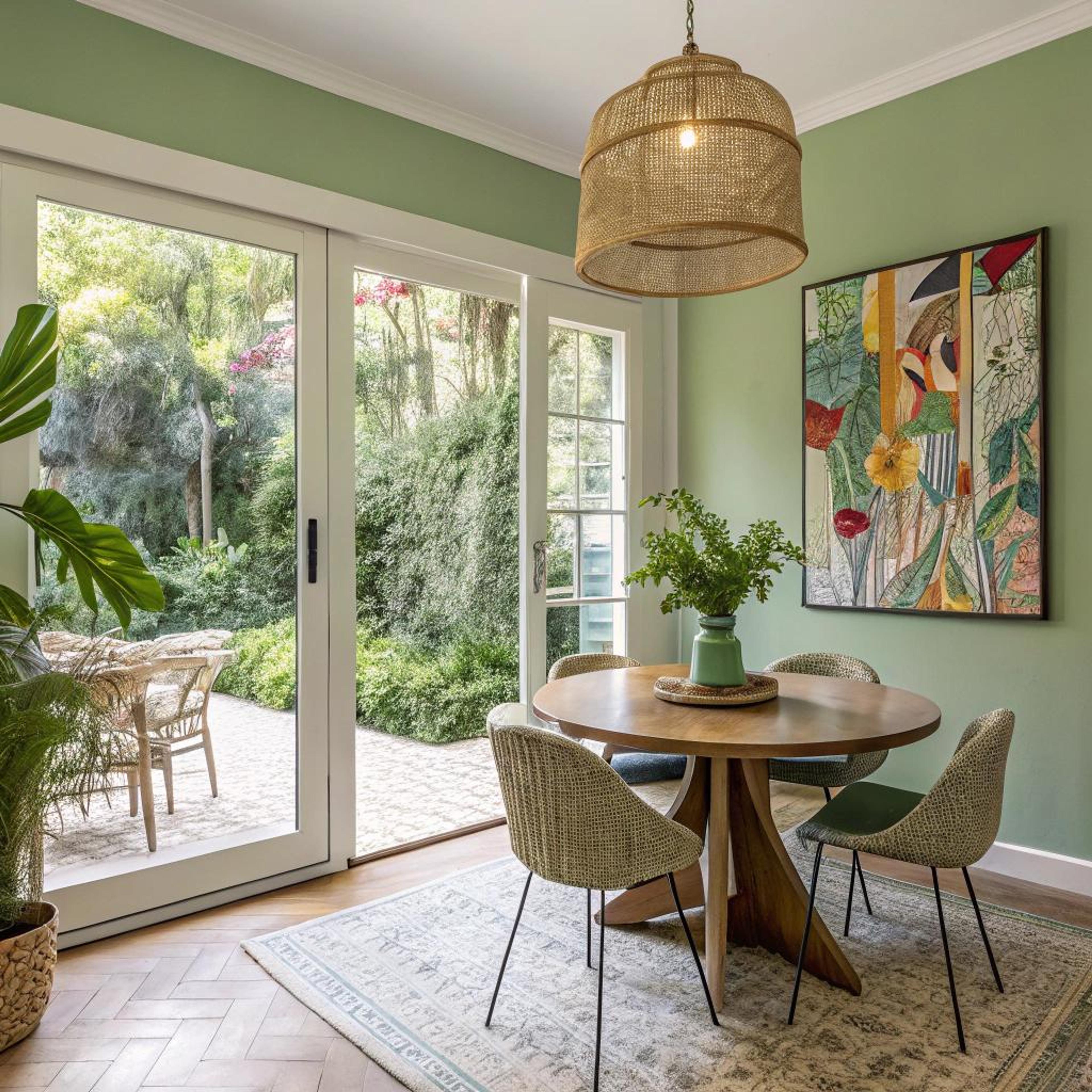 Groene muren en gevlochten stoelen