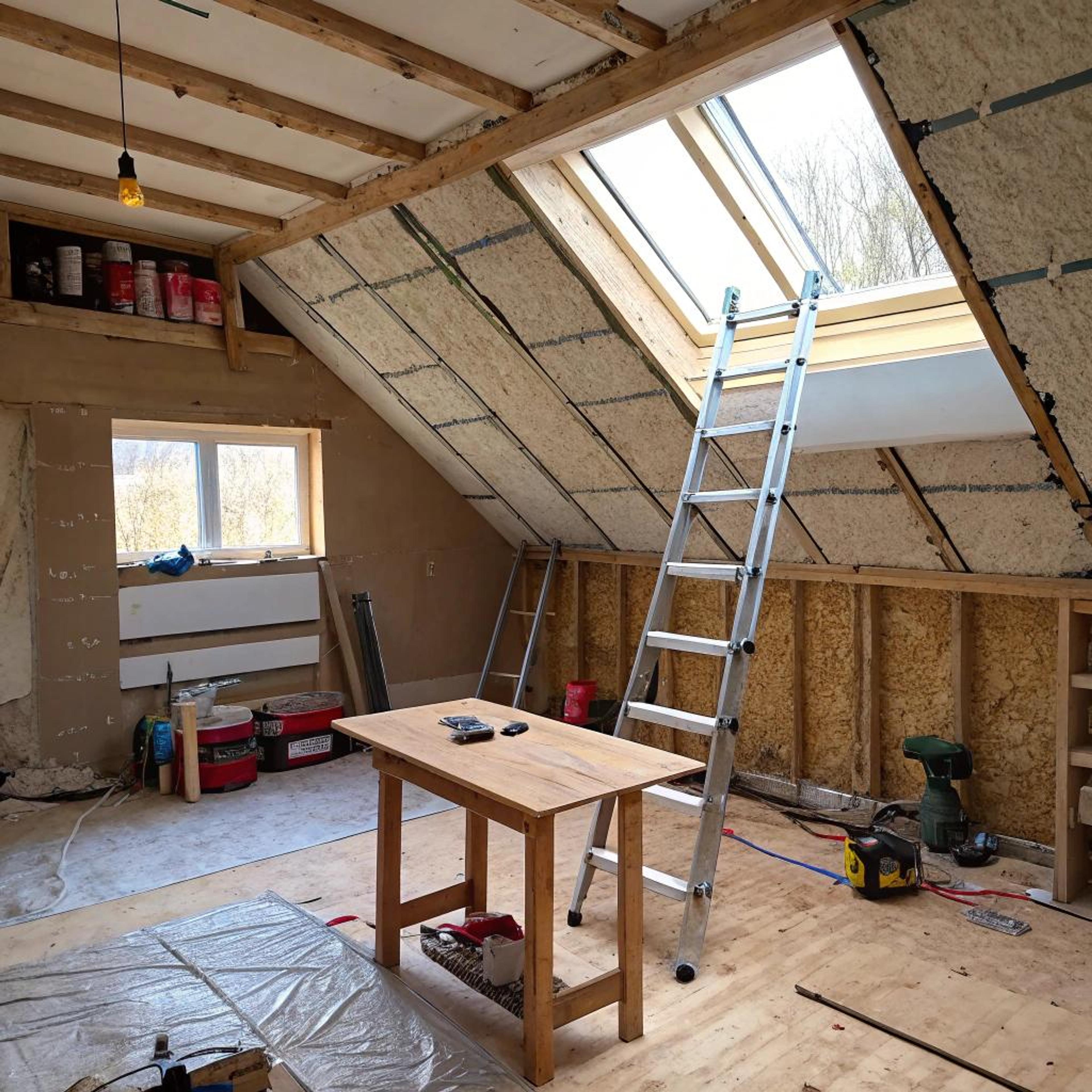 Werkplek tussen houten balken