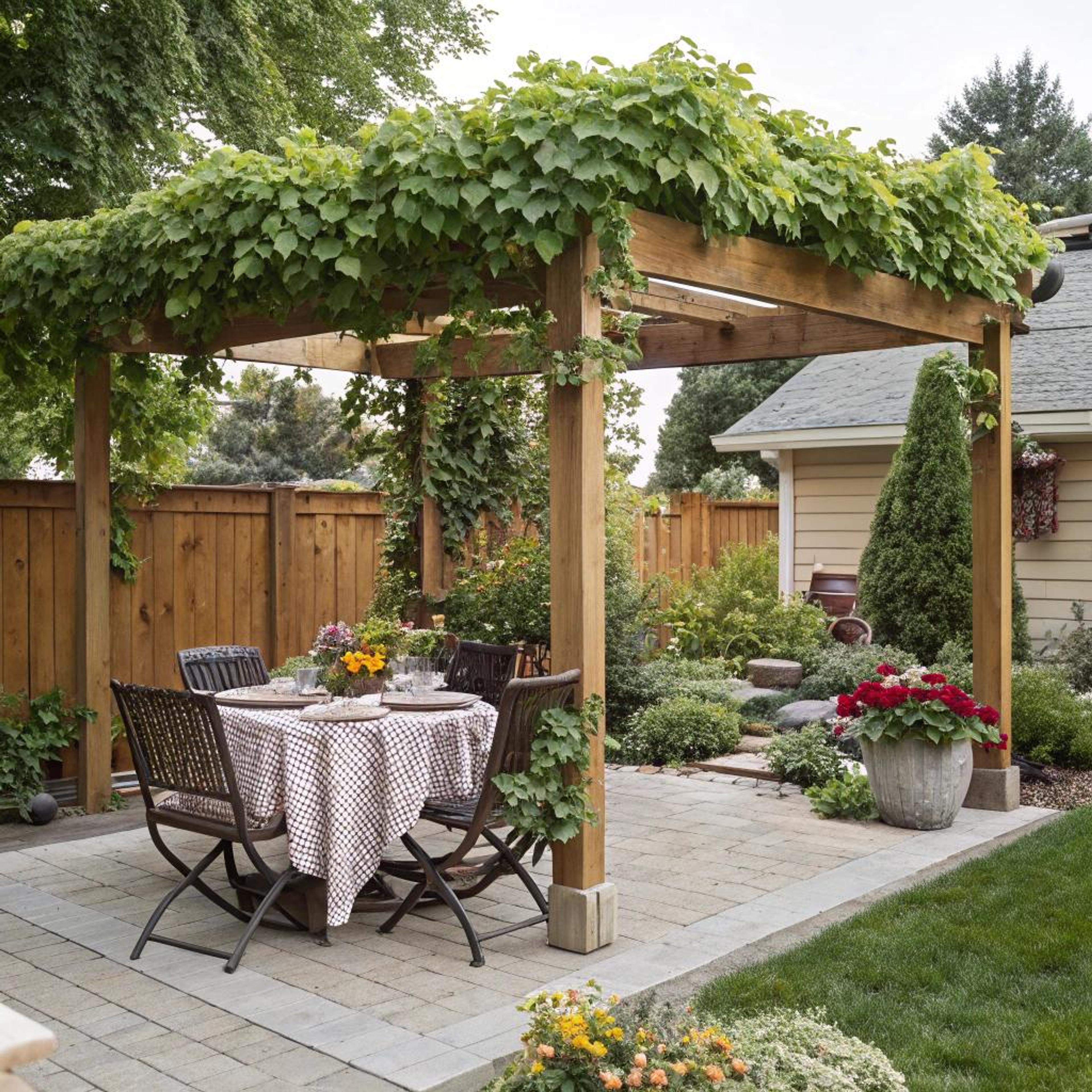 Geruite tafelkleed onder pergola