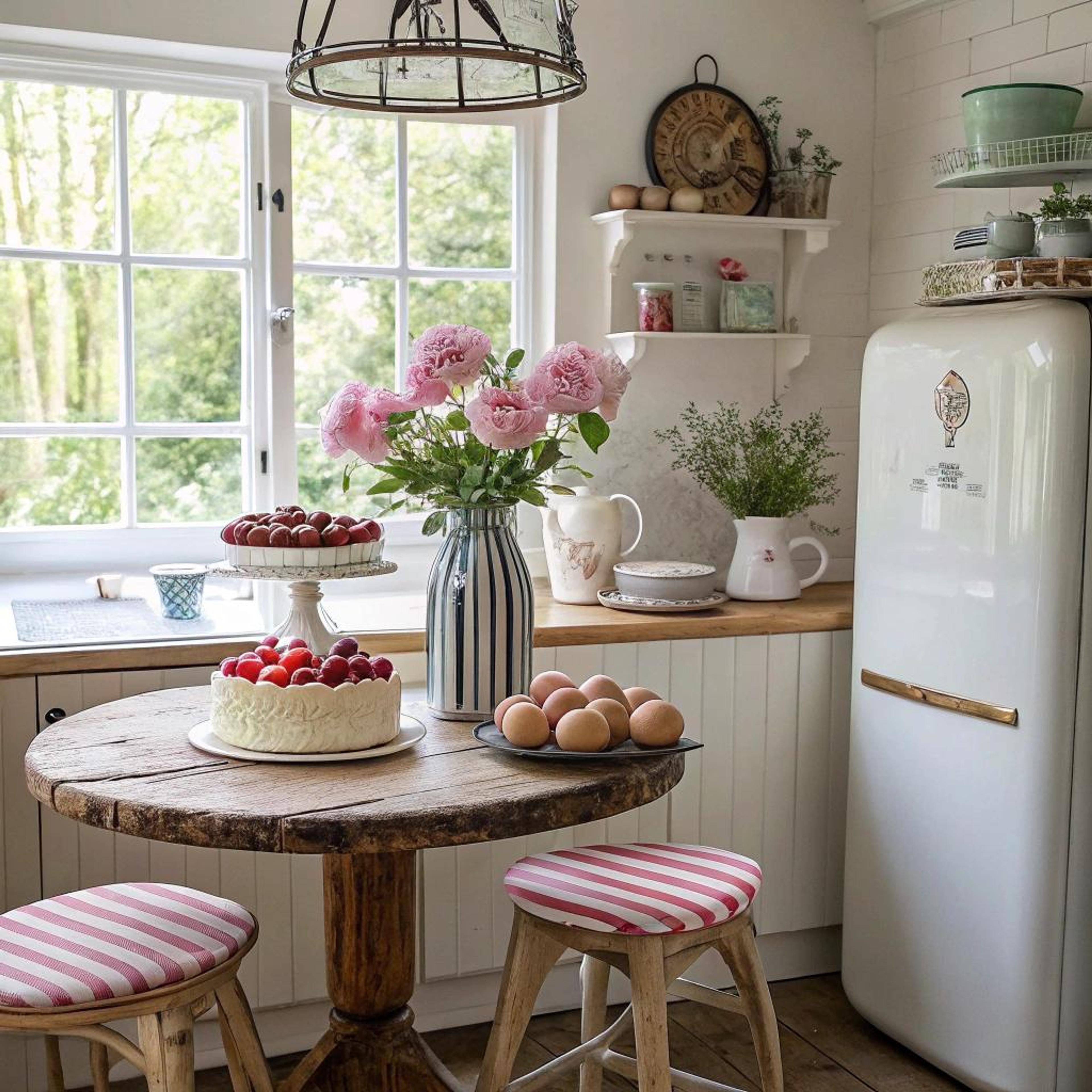Gestreepte krukken bij houten tafel