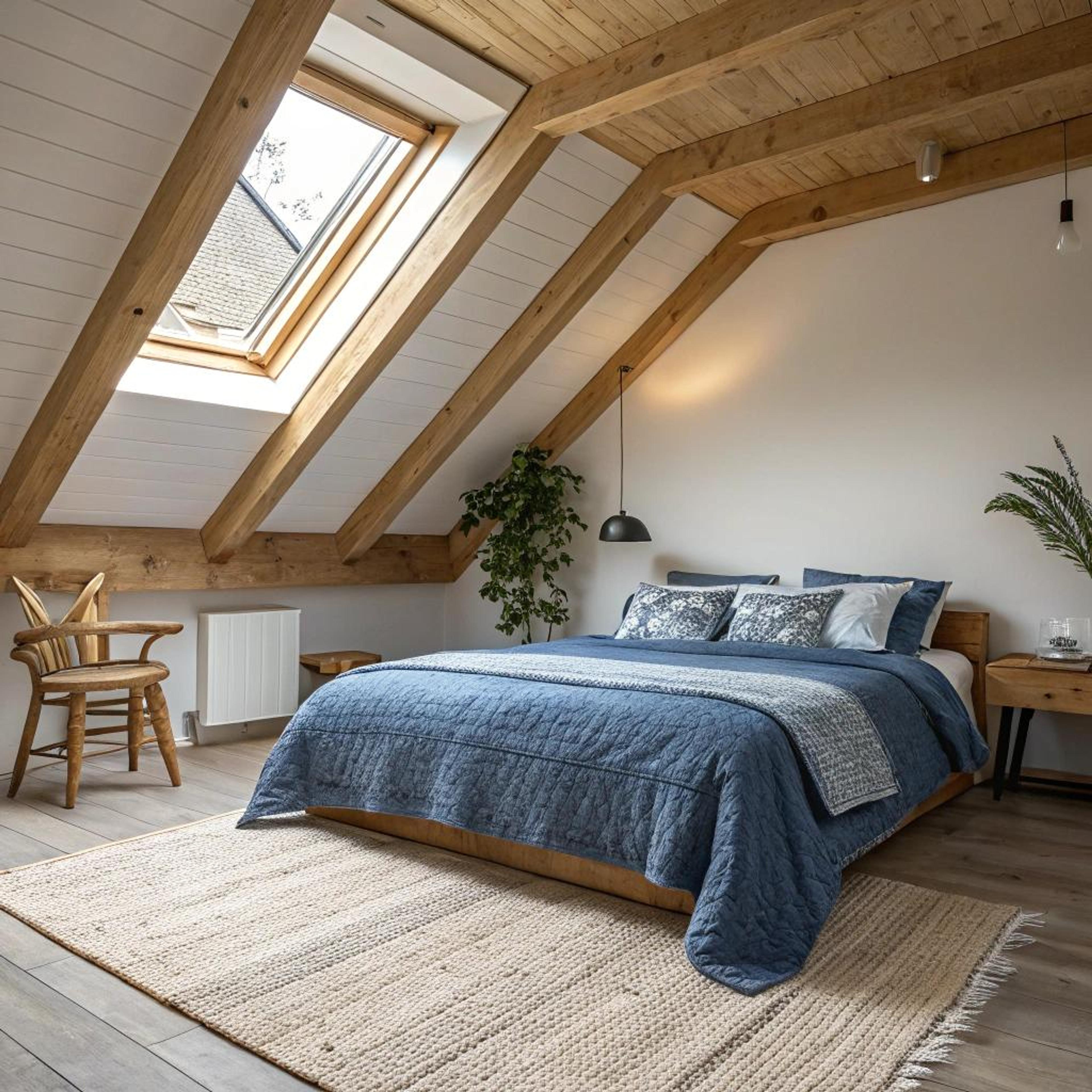 Blauw bedlinnen en houten balken