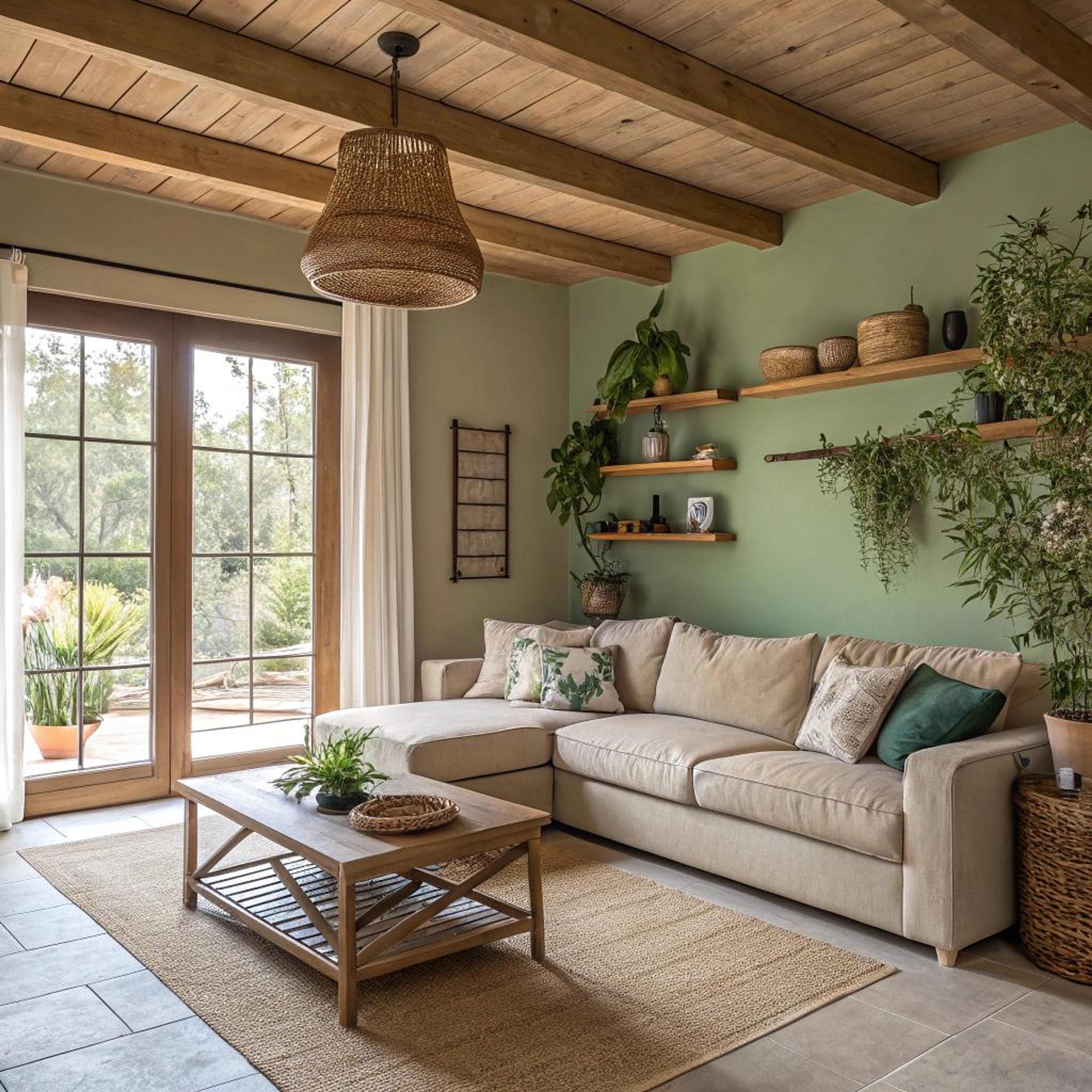 Groene wand en houten accenten