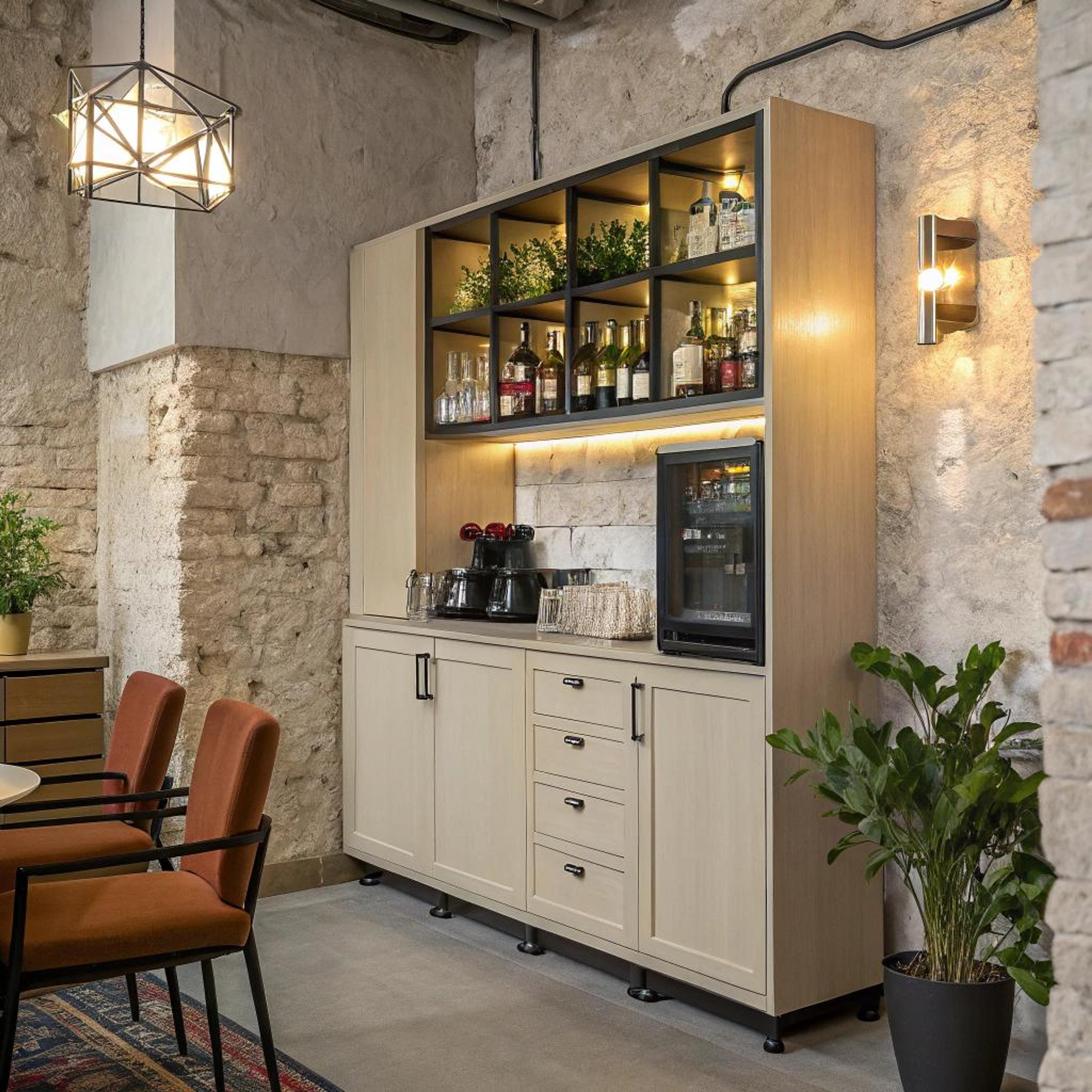 Oranje stoelen bij ruwe muren