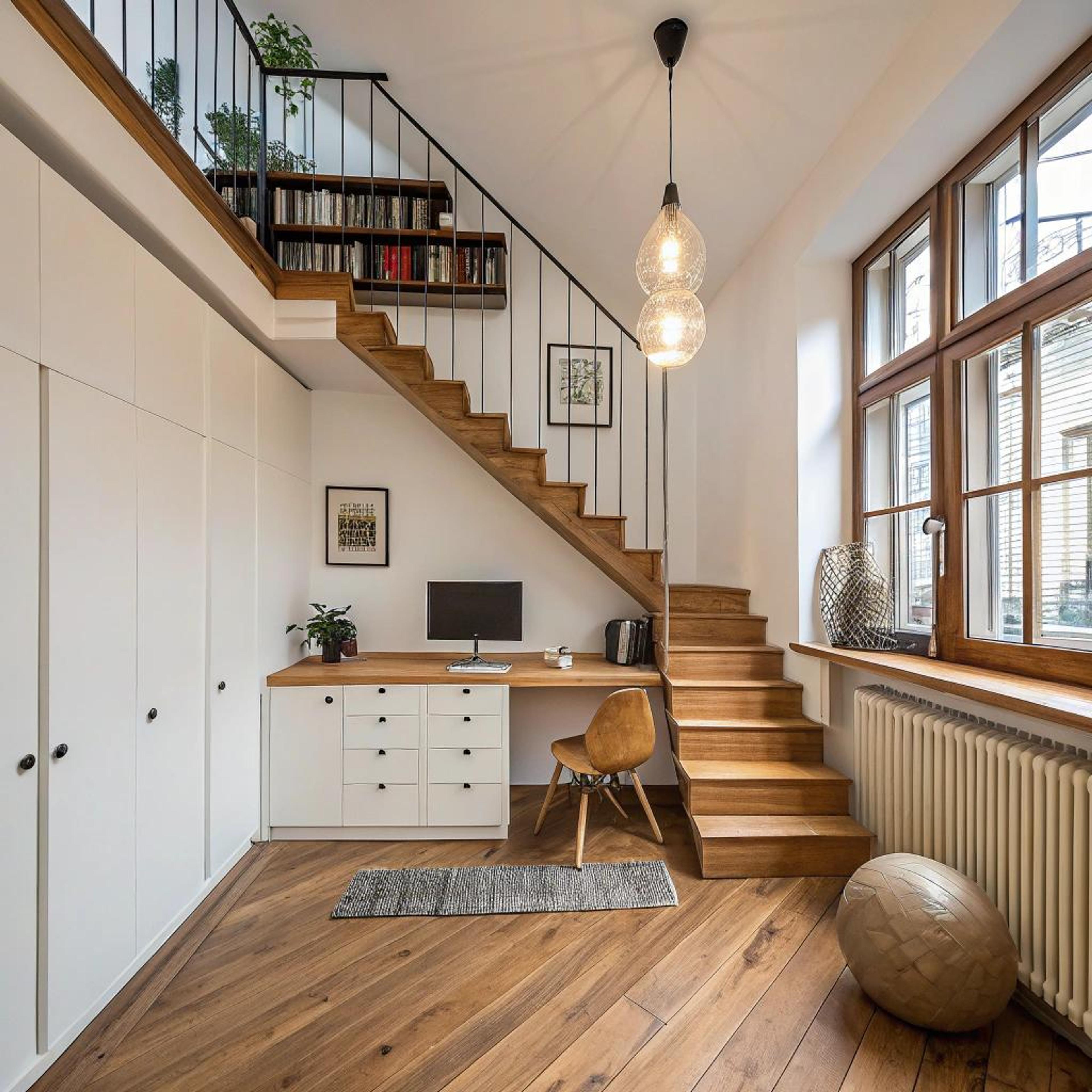 Werkplek onder houten trap