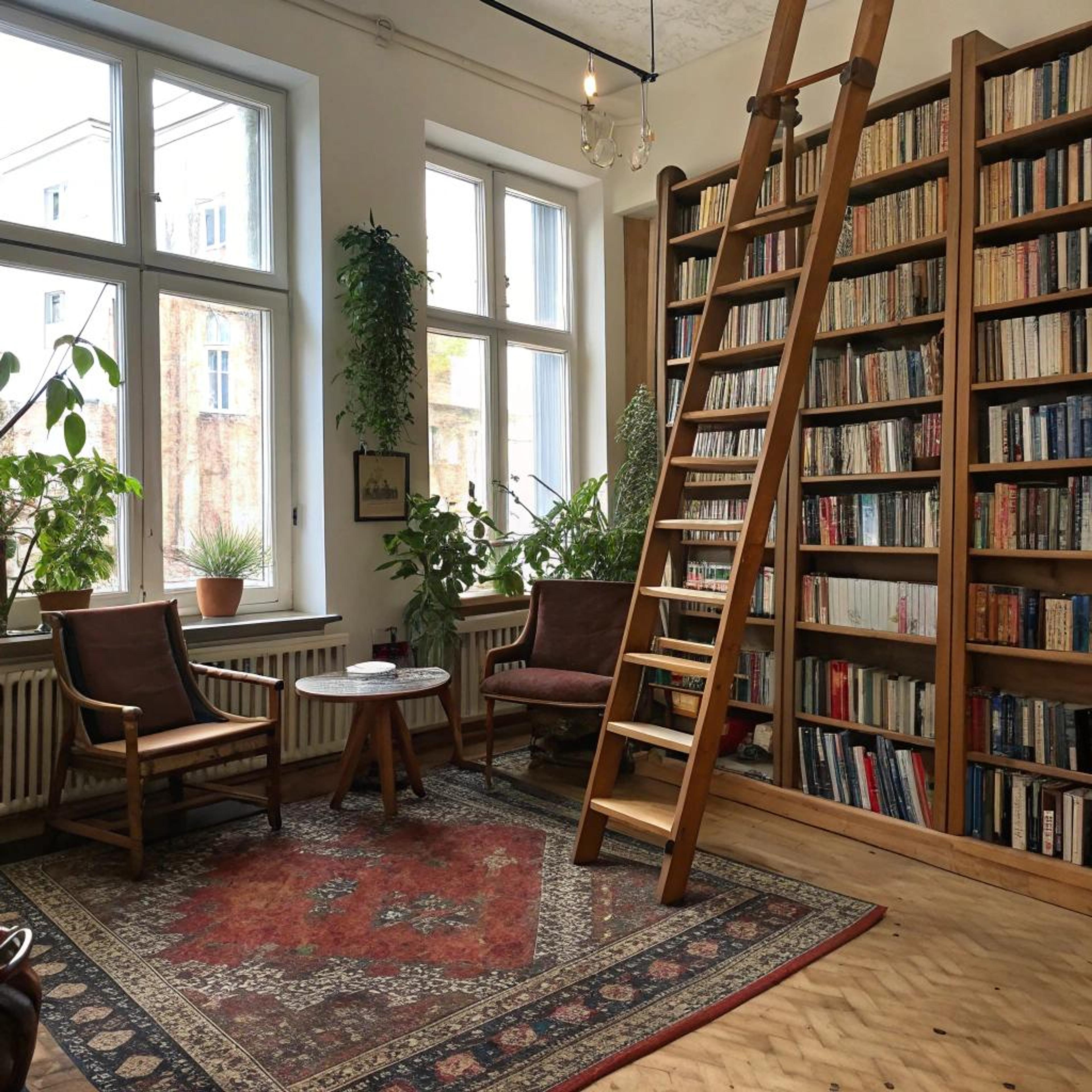 Houten boekenkast met ladder